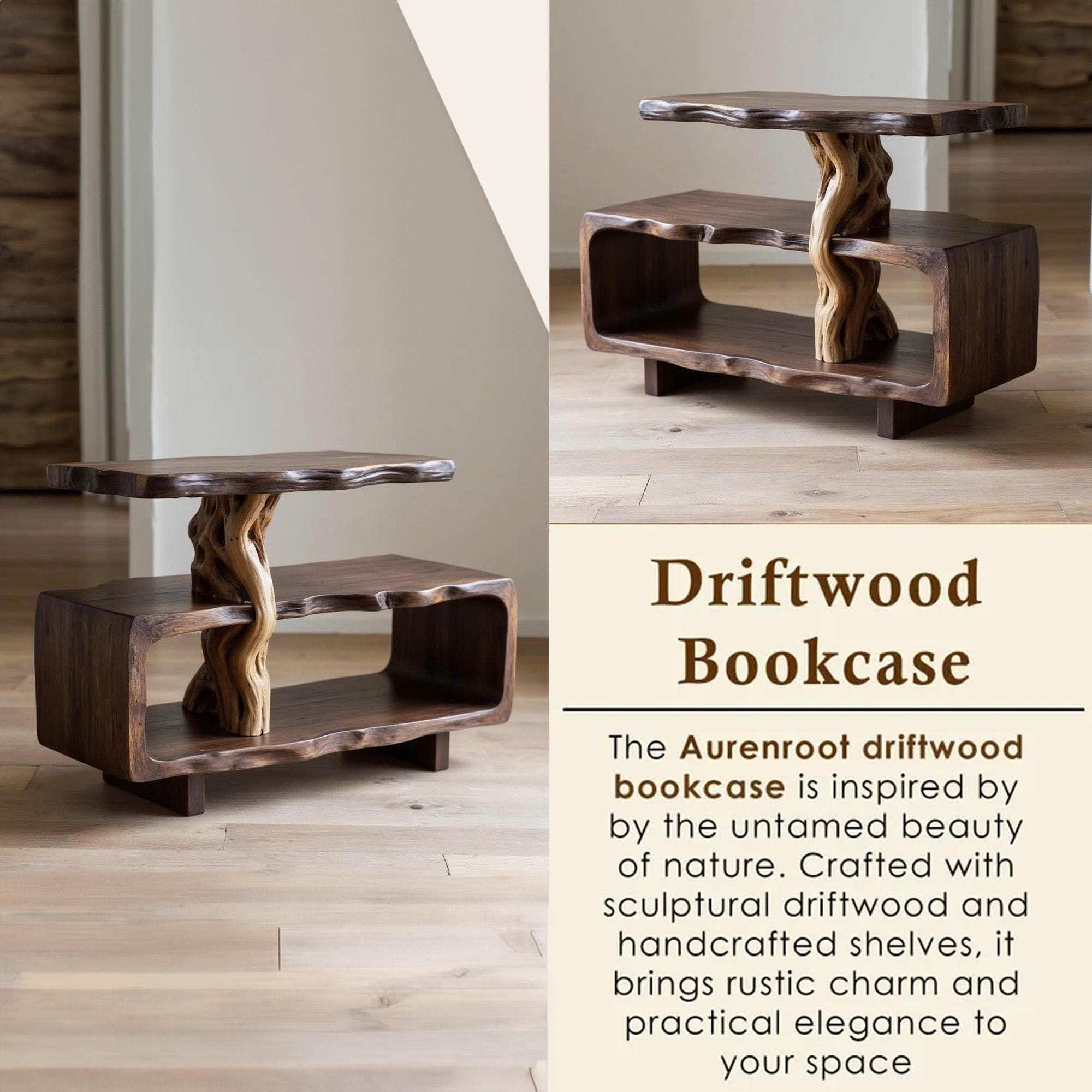 Solid wood side table tree branch bookshelf free standing shelf driftwood art