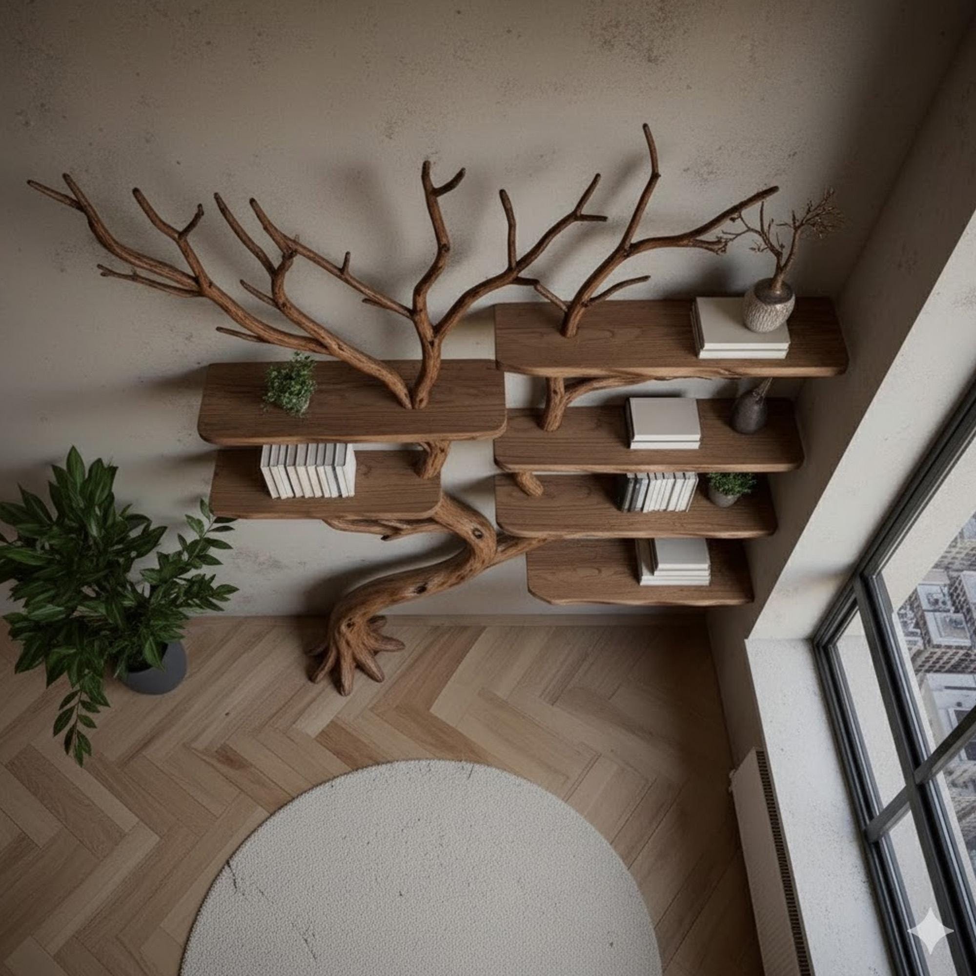 Corner driftwood tree branch solid wood bookshelf wall mount floating live edge furniture decoration