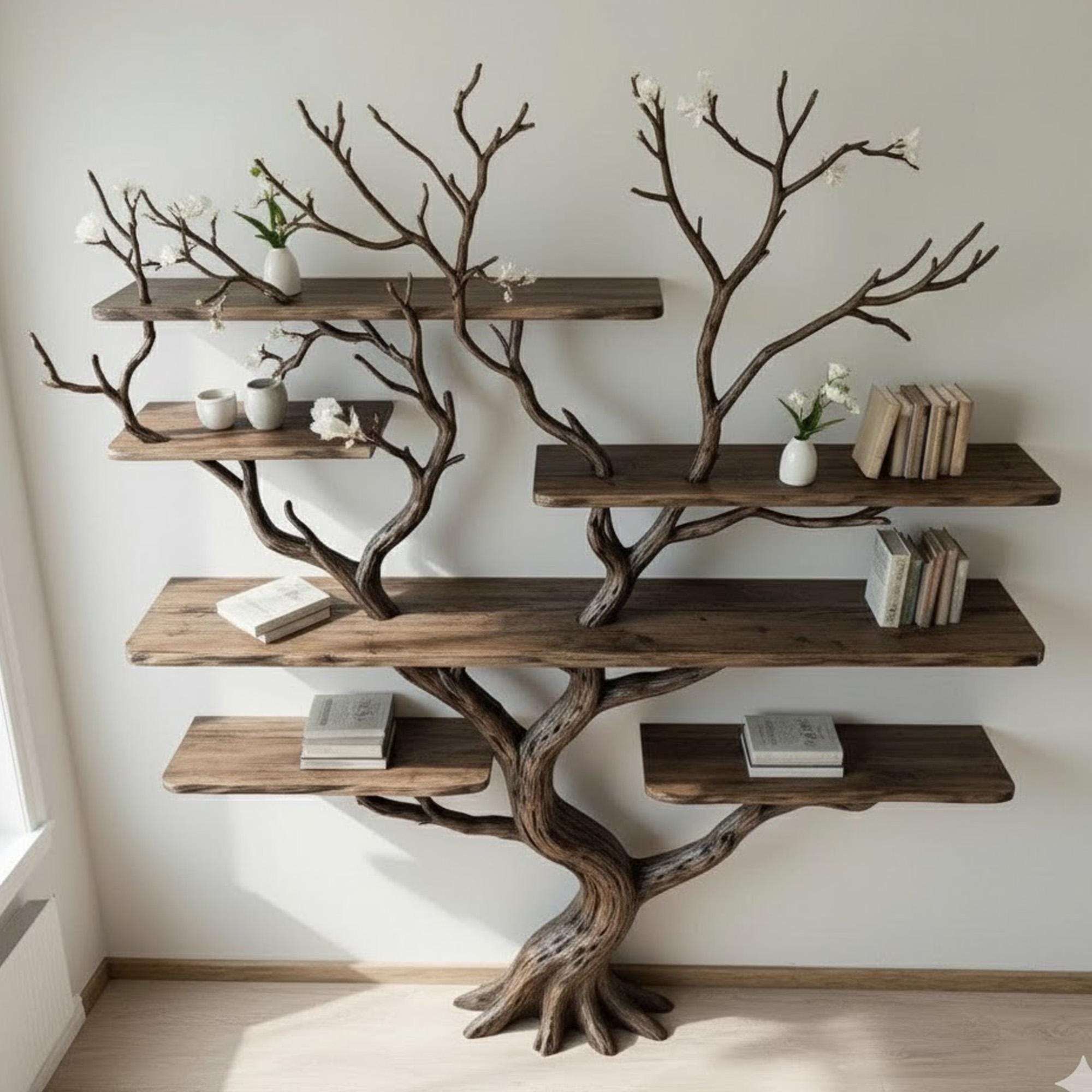 Driftwood Tree Branch Bookshelf: Rustic Wood Carving Wall Art