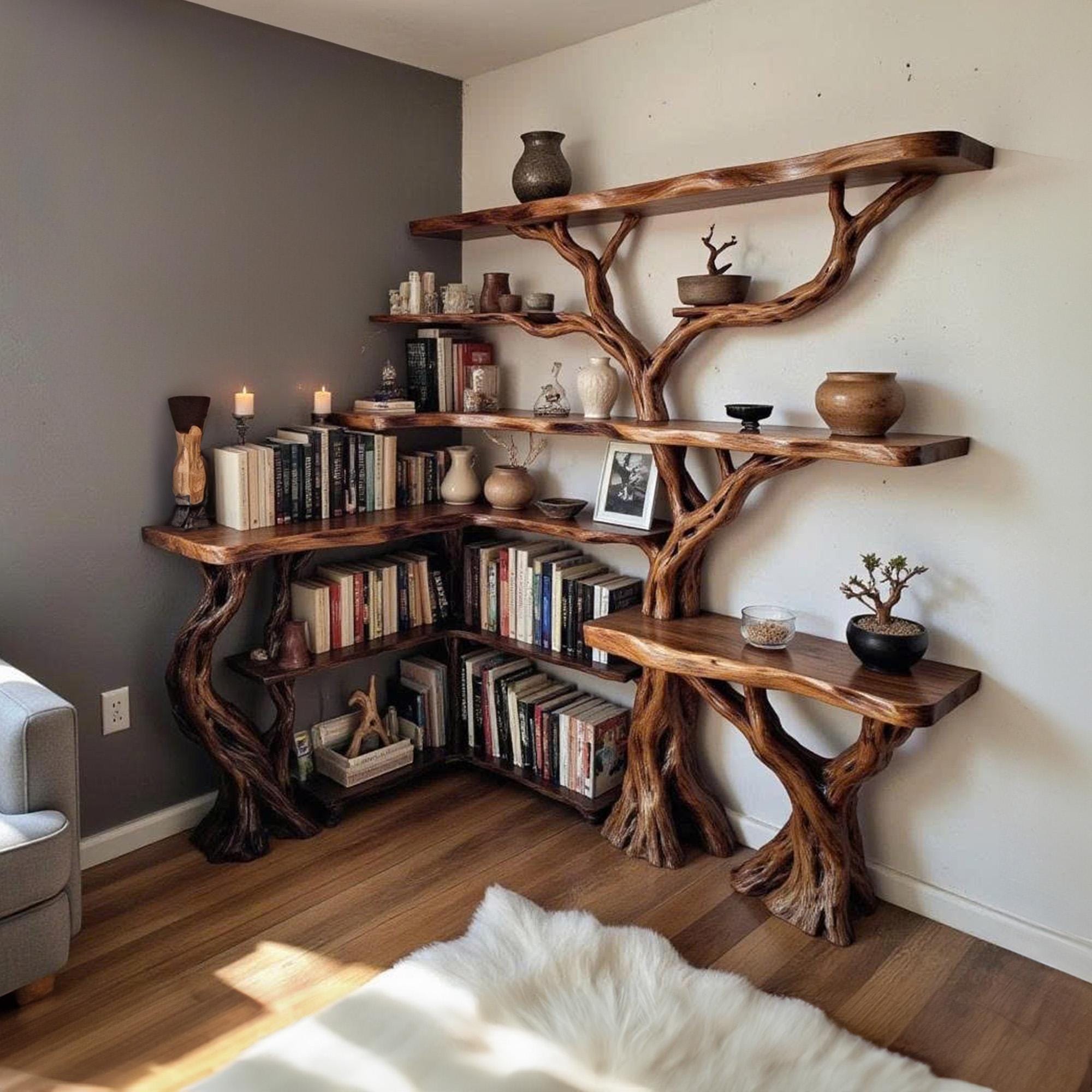 Tree coner book shelf solid wood wall mount bookcase live edge furnitu ...
