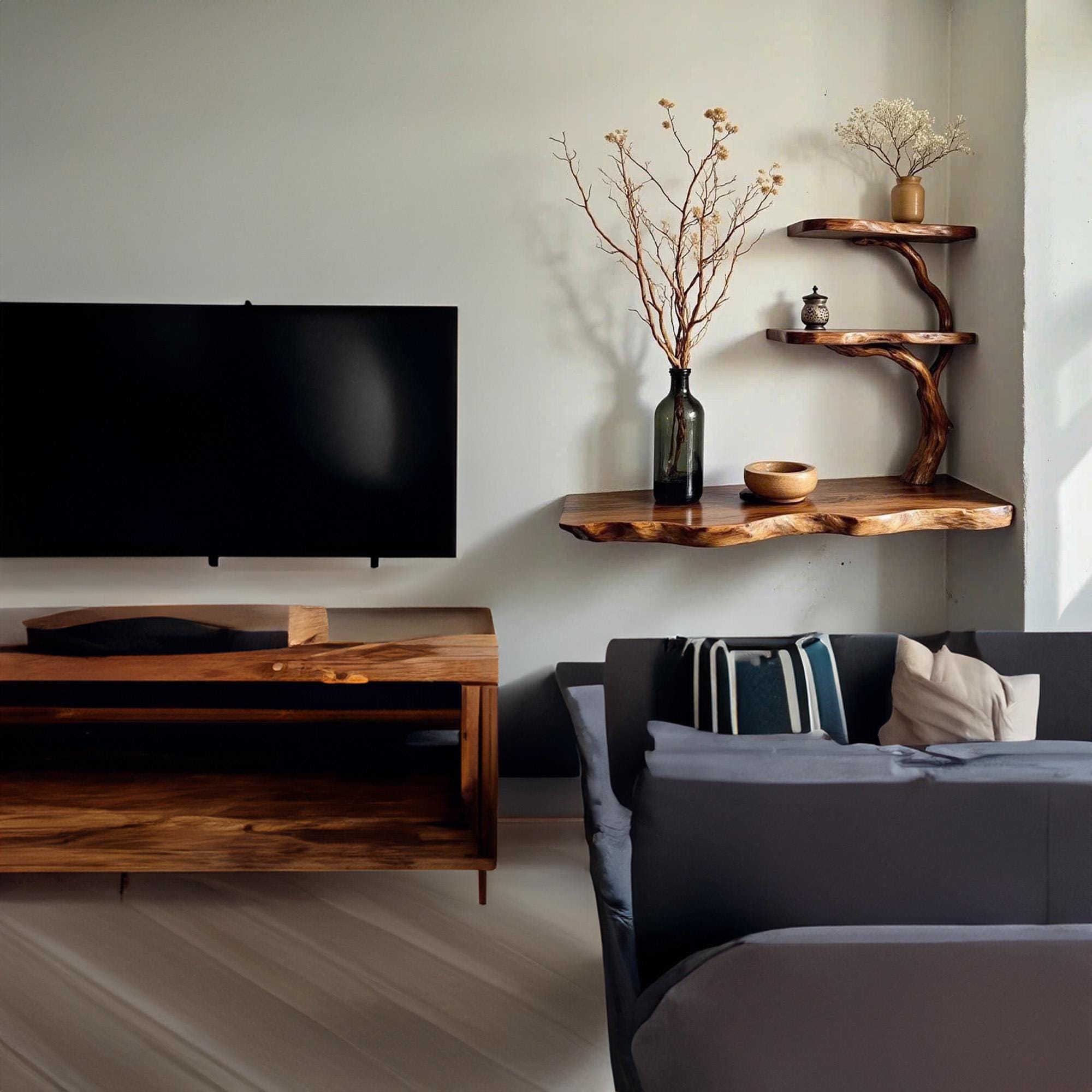 Tree branch bookshelf live edge corner shelf drifwood branch solid wood bookshelves floating shelves on wall art decor