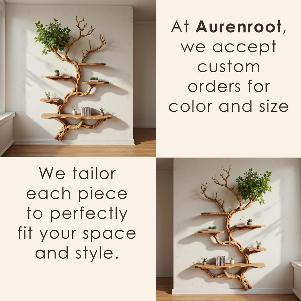 Driftwood floating bookshelf tree branch book shelf solid wood wall mounted shelves fake leaf bookcase decor