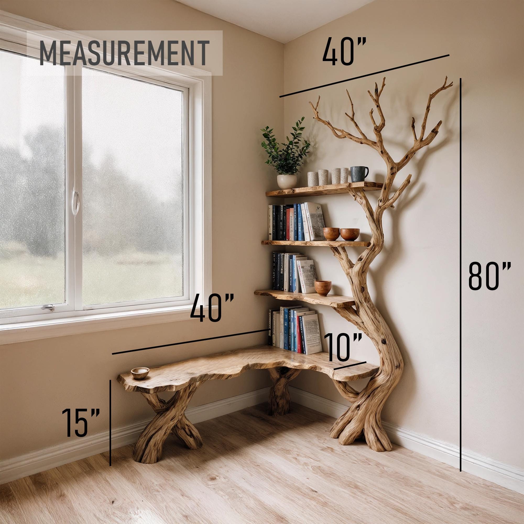 Driftwood Corner Bookshelf: Solid Wood Tree Branch Carving
