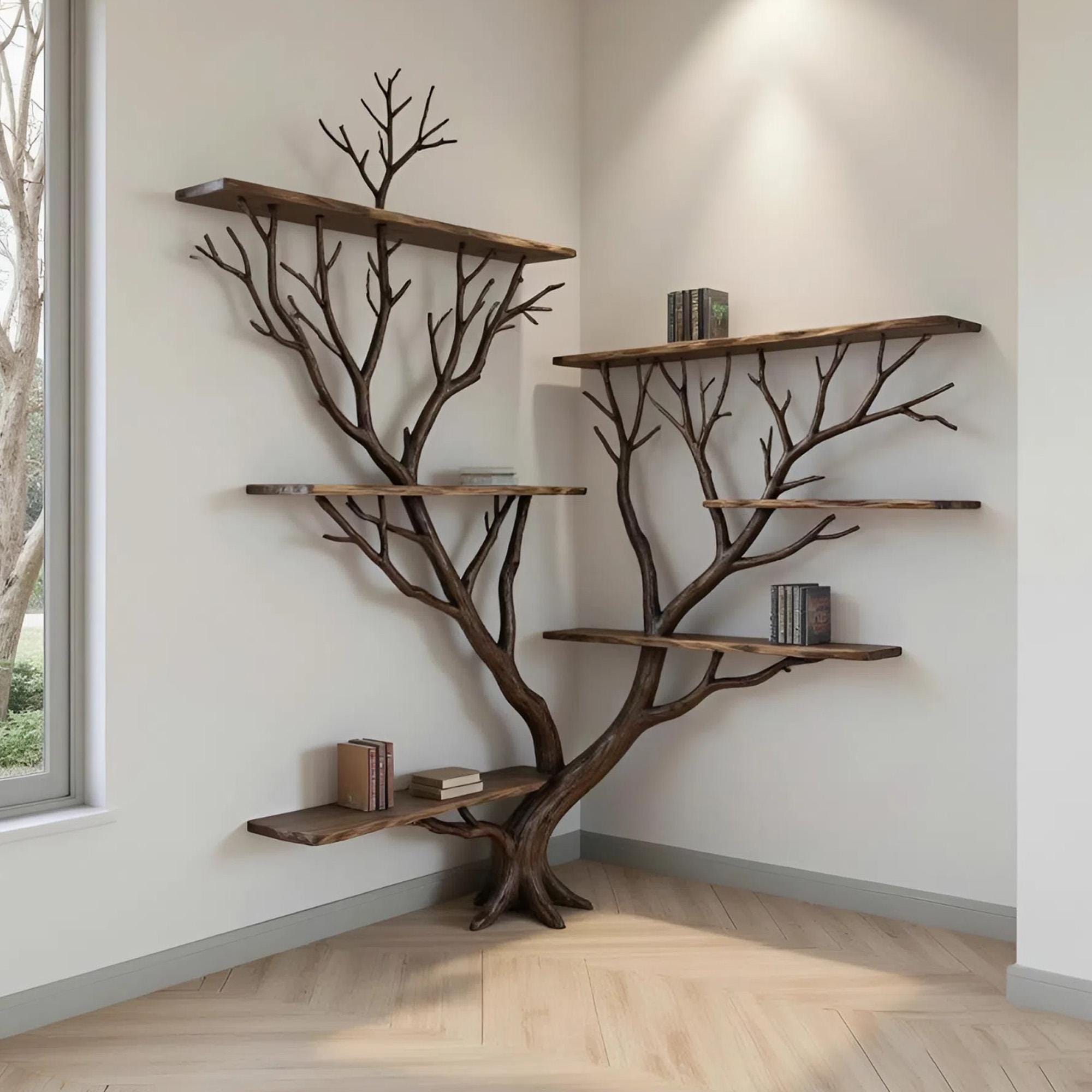 Tree branch corner floating bookshelf solid wood bookcase wall mount driftwood art decor