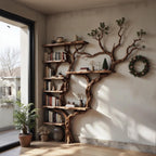 Corner dark tree bookshelf antique driftwood branch  solid wood bookcase floor standing wall mount shelf