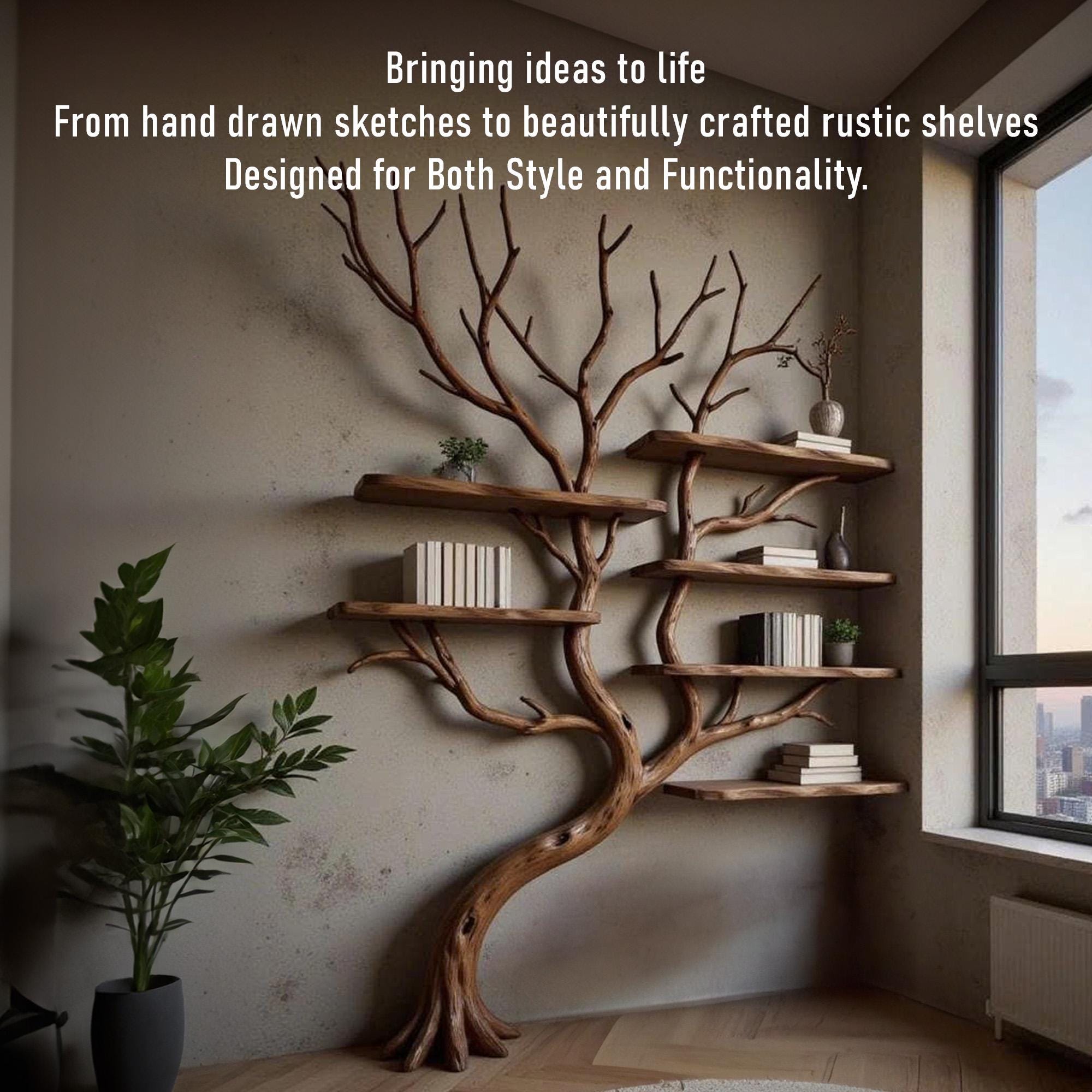 Corner driftwood tree branch solid wood bookshelf wall mount floating live edge furniture decoration