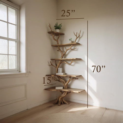 Corner driftwood shelf tree branch bookshelf floating shelf wall mount solid wood bookcase drift wood decor live edge shelves furniture