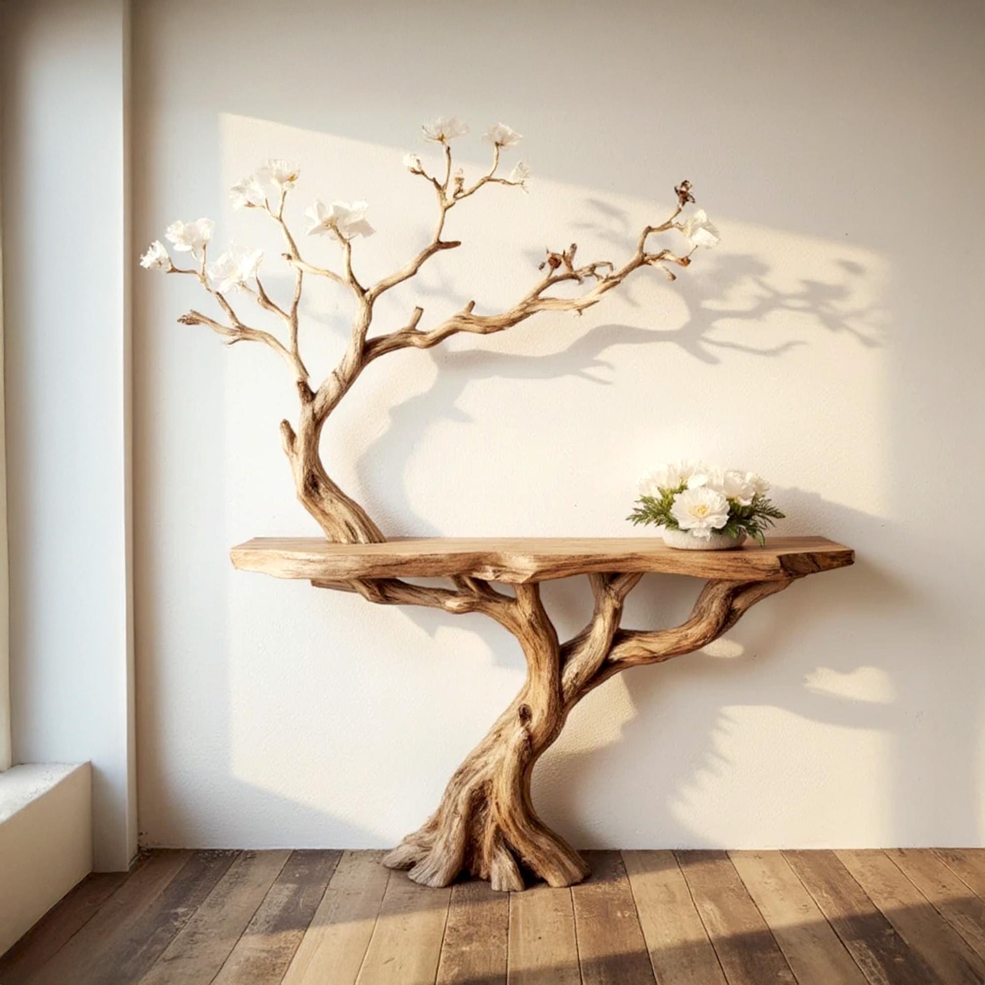 Wood console table natural tree branch driftwood entryway table branch floating bookshelf rustic handmade furniture