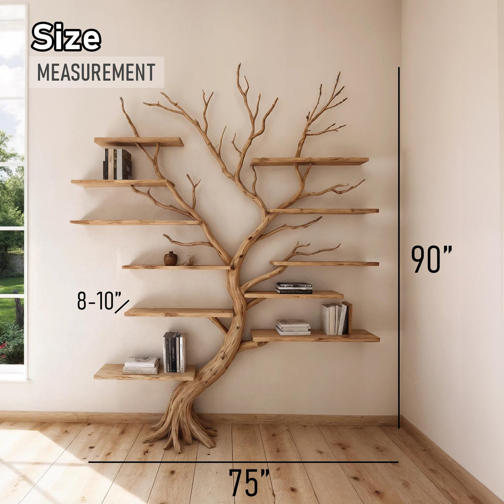 Tree branch bookshelf art wall mount driftwood shelf solid wood bookcase for home