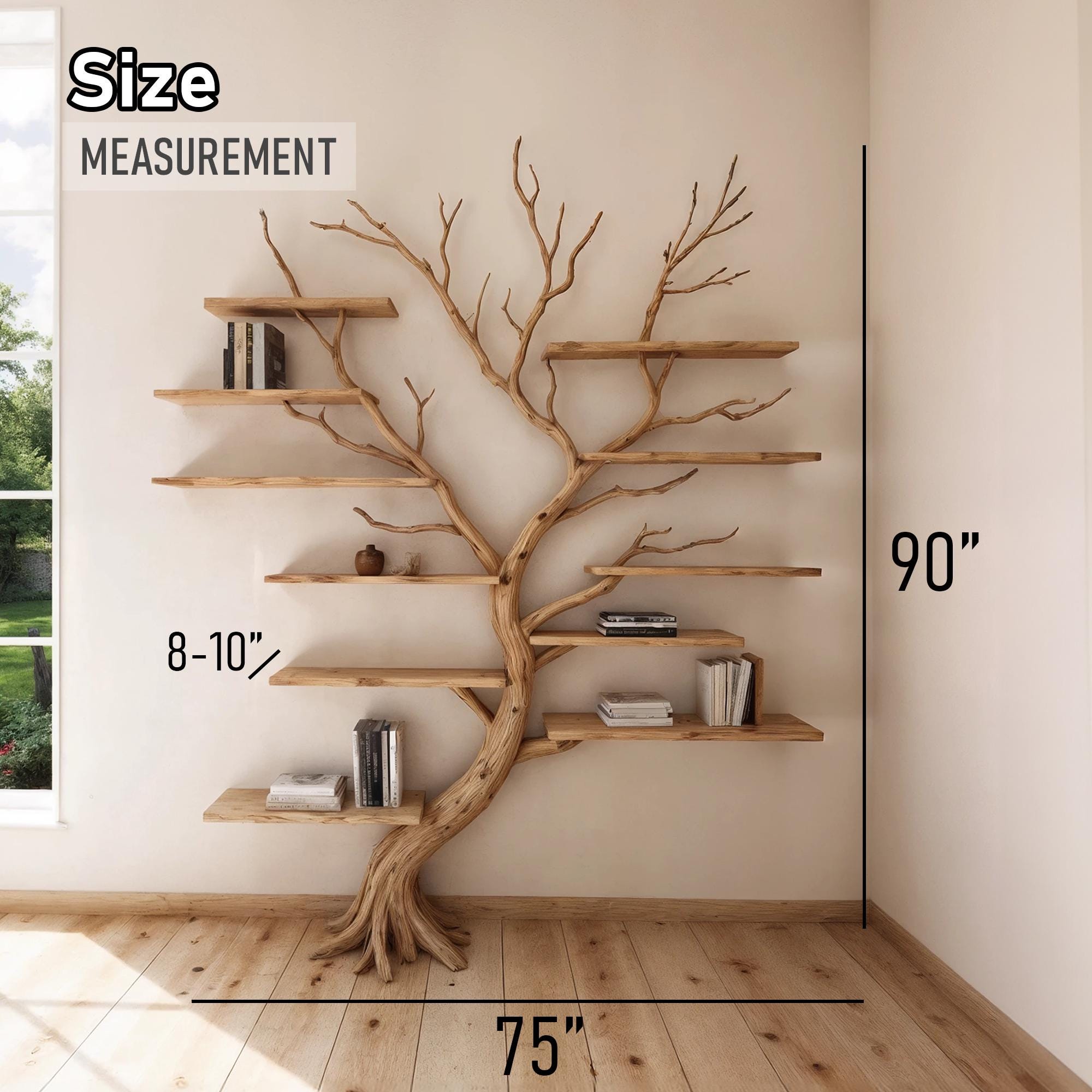 Tree branch bookshelf art wall mount driftwood shelf solid wood bookcase for home