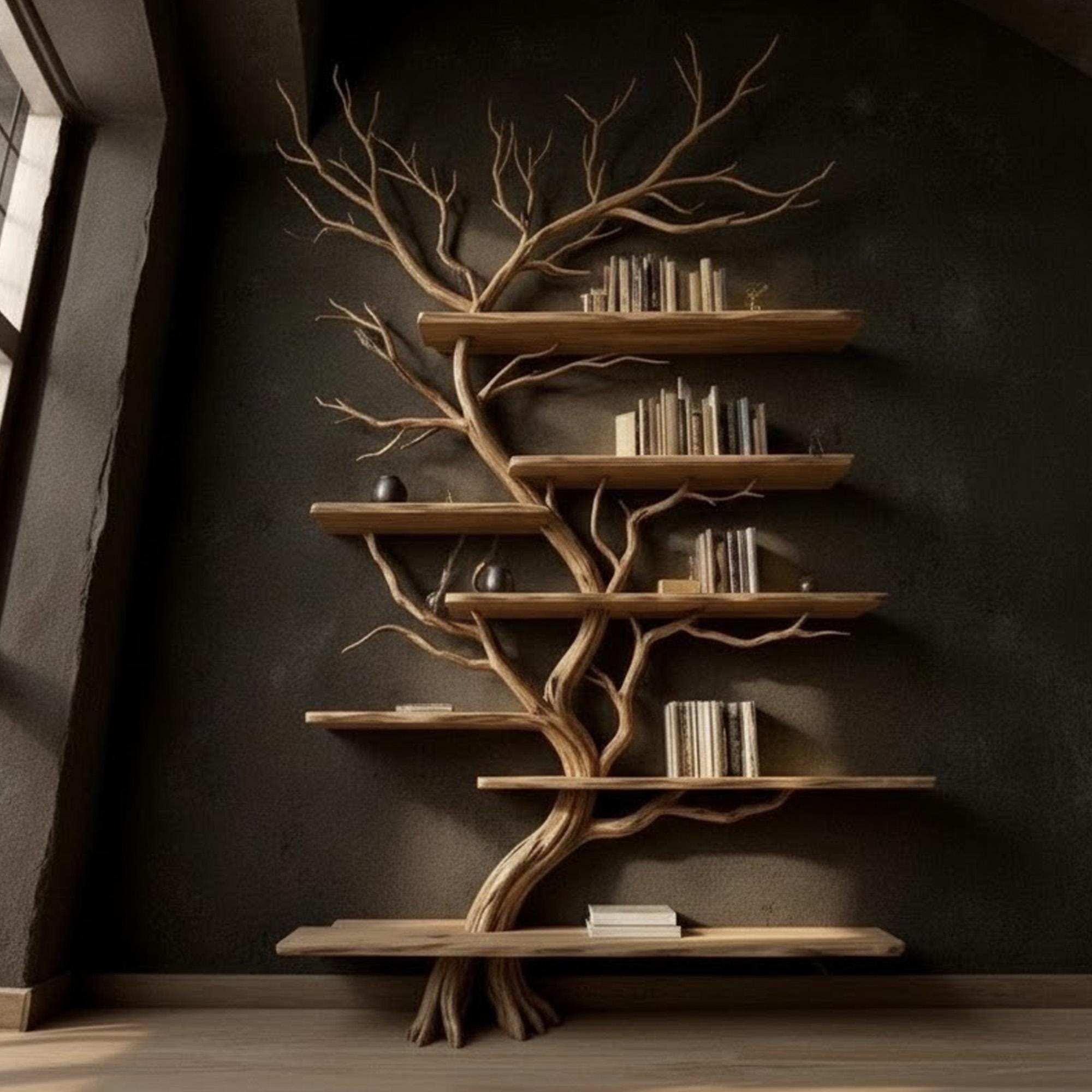 Driftwood tree branch solid wood bookshelf wall mount floating live edge furniture decoration