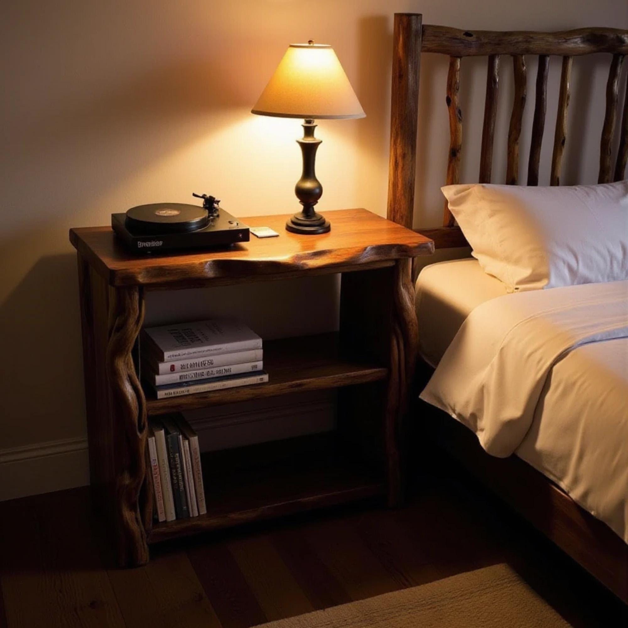 Solid wood bookcase nightstand free standing bookshelf tree branch driftwood plant stand rustic shelving handcrafted furniture