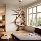 Tree branch bookshelf corner floating wood shelf on wall art driftwood branch book shelf unique decor