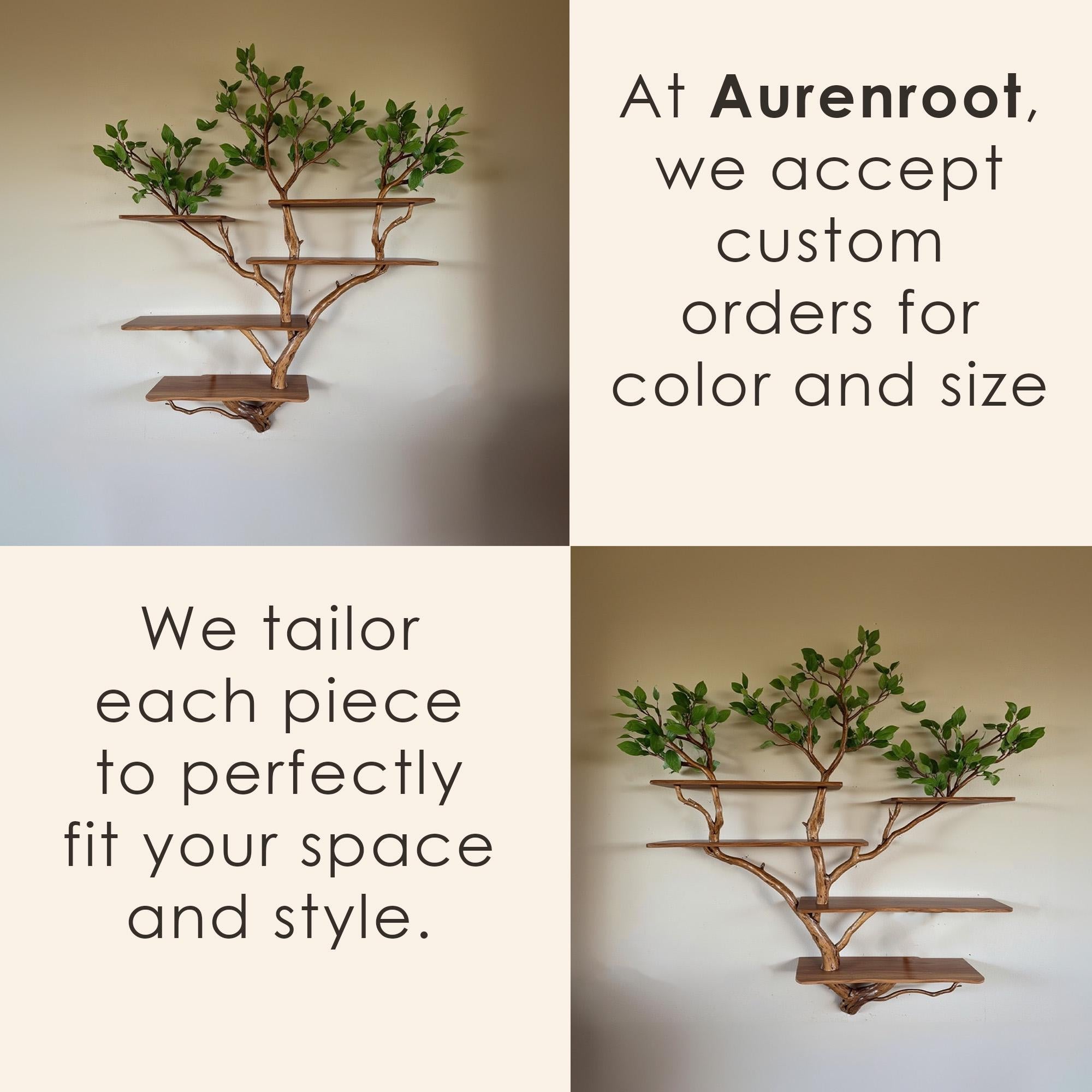 Natural driftwood tree branch floating bookshelf wall mount solid wood bookcase with fake leaf decor for home