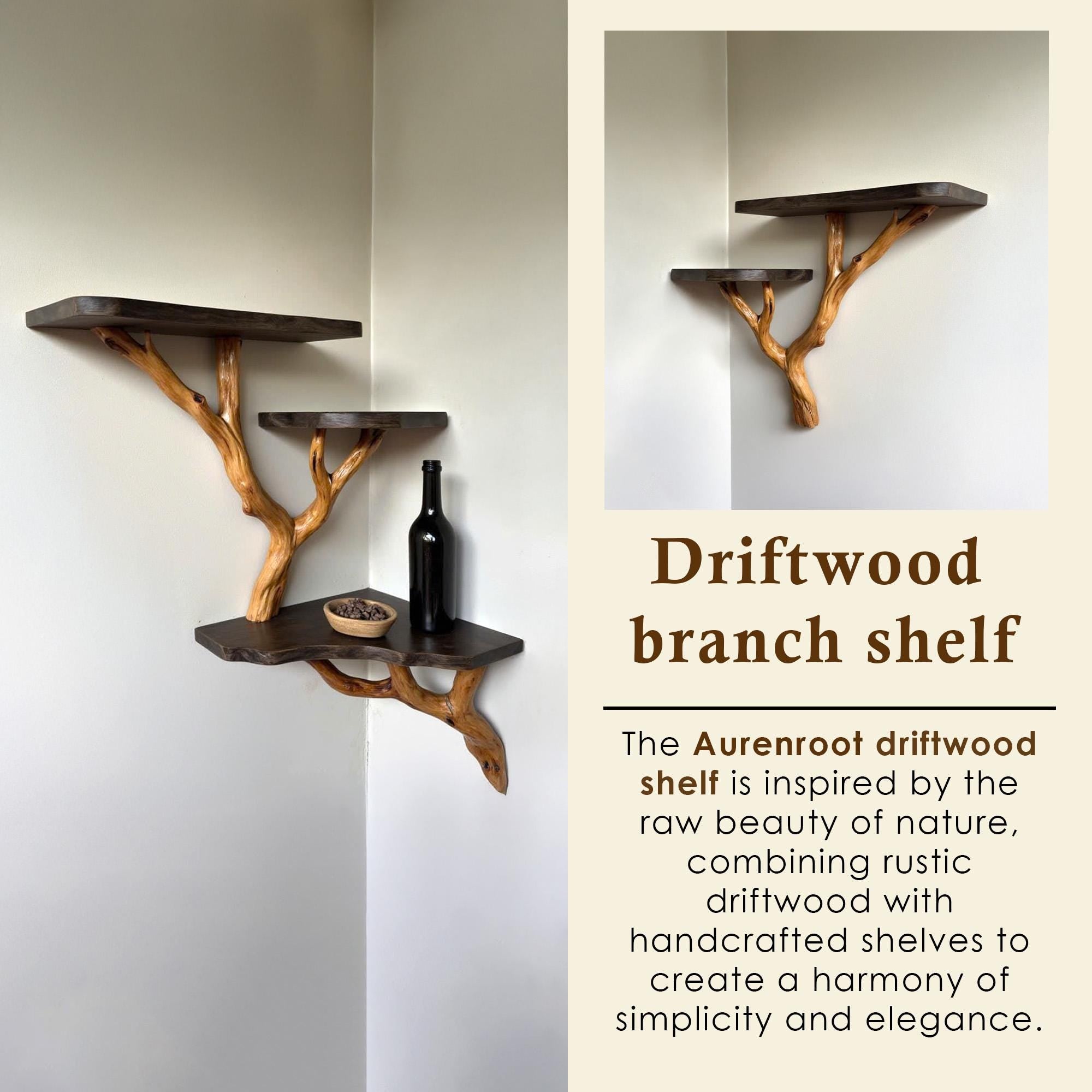 Wood corner floating bookshelf tree branch driftwood wall mount shelving branch shelf art handmade furniture