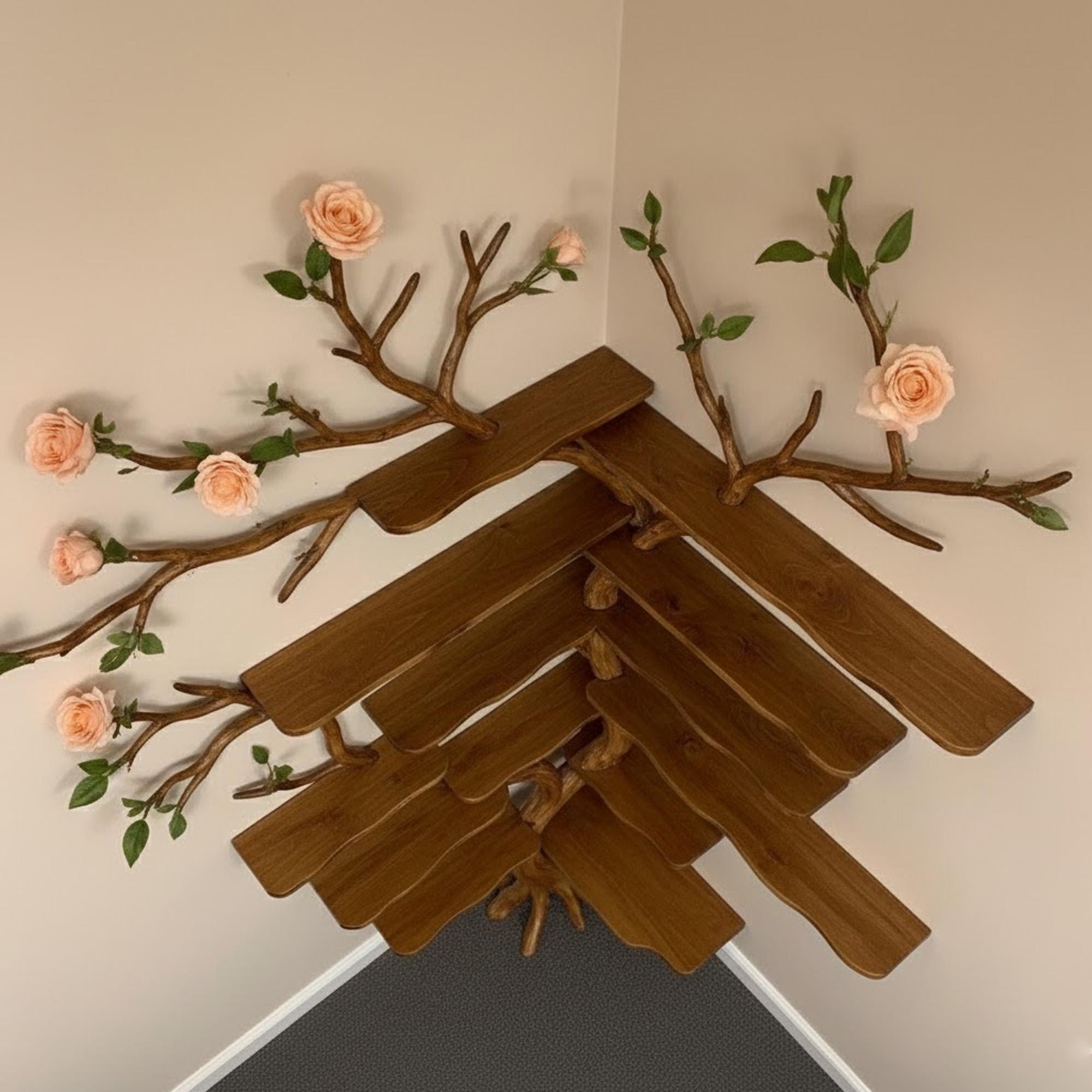 Corner driftwood tree bookshelf wall mount solid wood scupltured bookcase wood furniture decoration