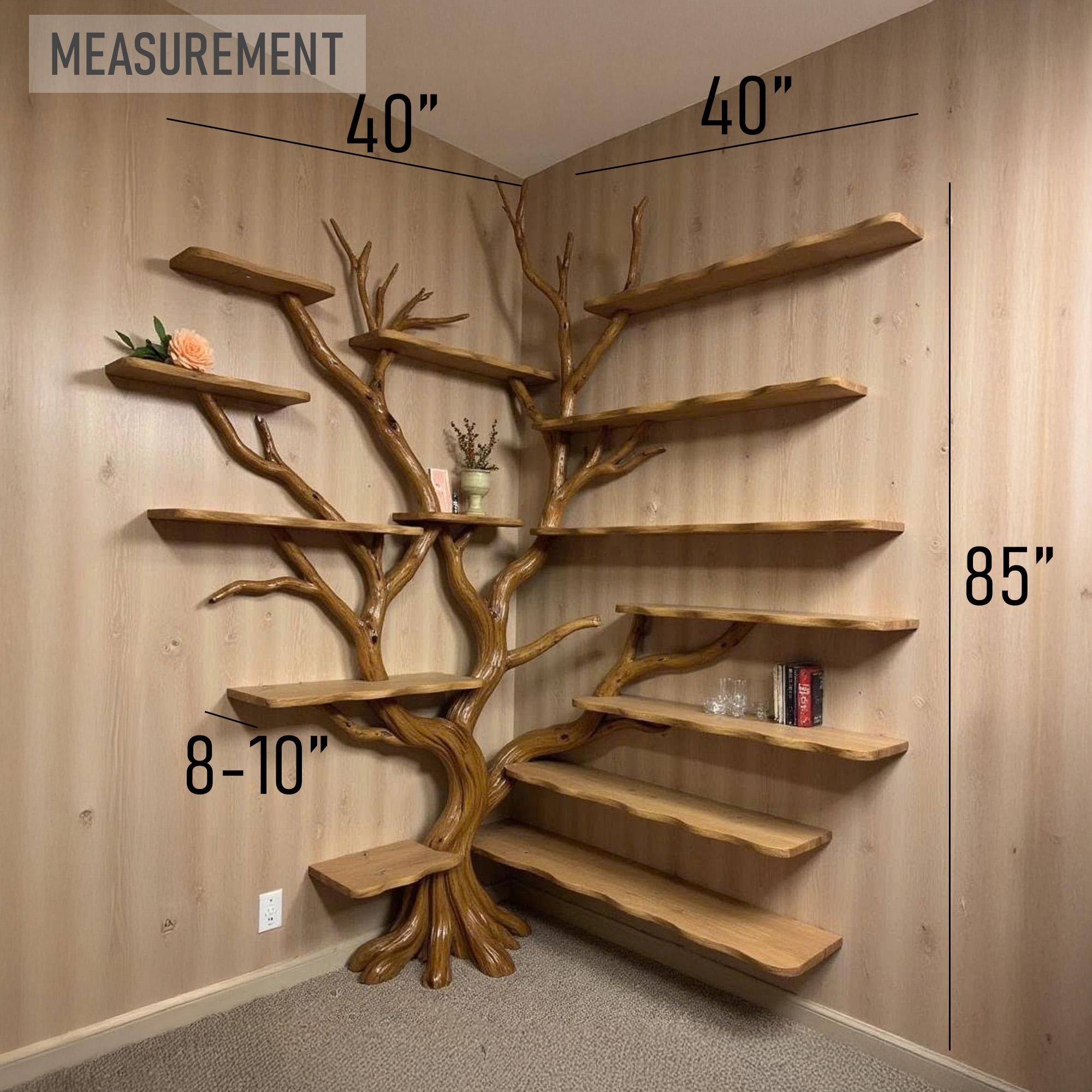 Corner bookshelf tree branch book shelf solid wood floating shelves wall art driftwood shelving decoration