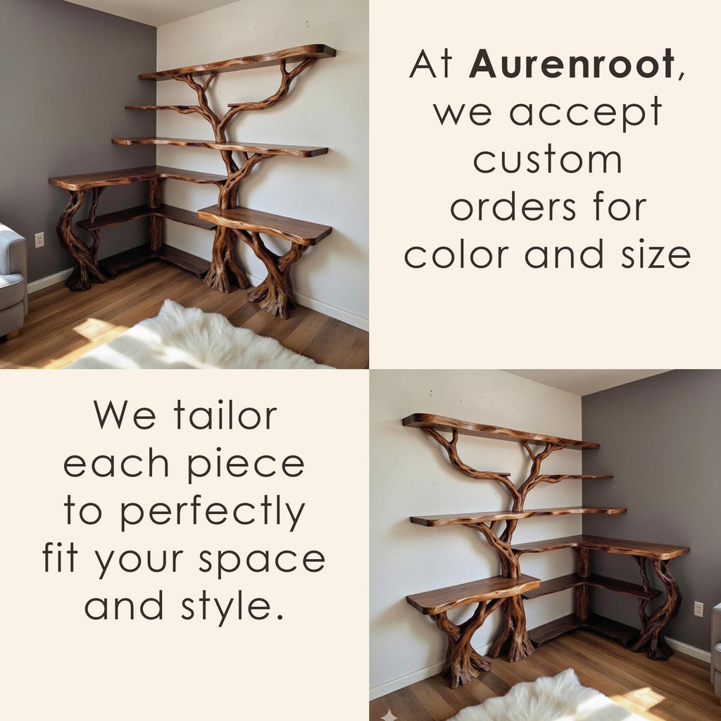 Tree coner book shelf solid wood wall mount bookcase live edge furniture driftwood branch art