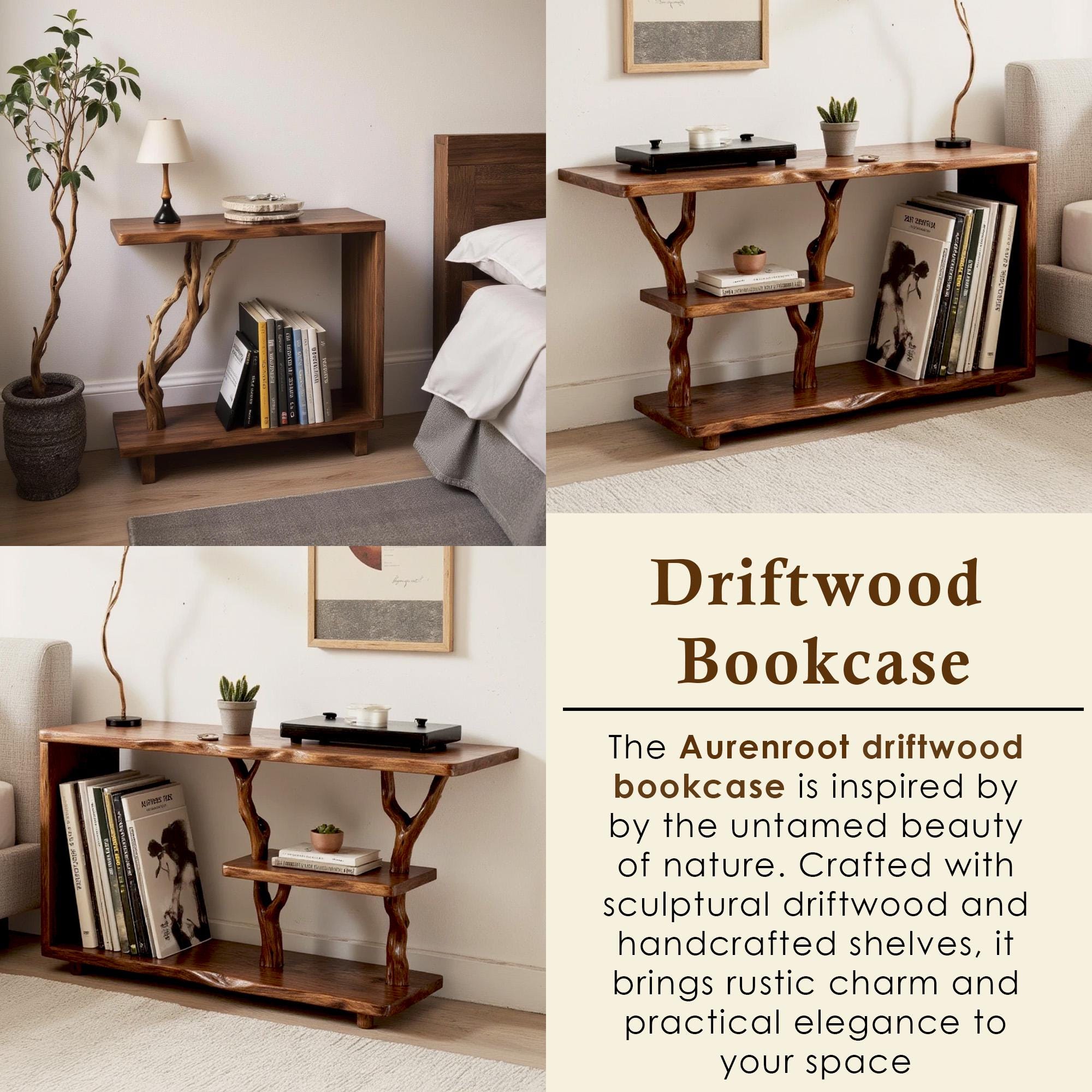 Driftwood solid wood bookcase tree branch bookshelf nightand plant stand handcrafted rustic living room furniture