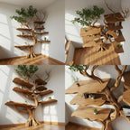 Corner tree floating bookshelf tree branch fake leaves bookcase wall mount live edge driftwood shelf