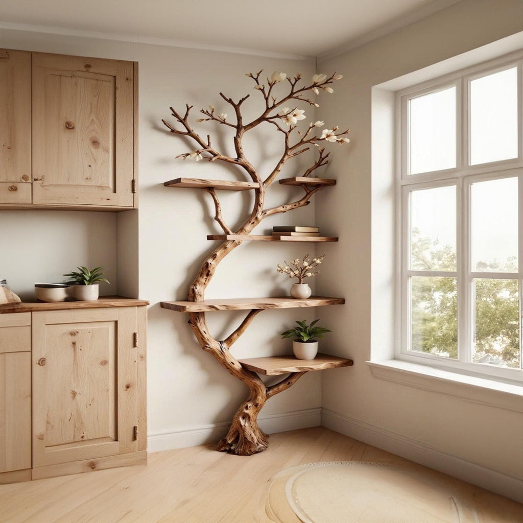 Tree branch bookshelf corner floating wood shelf on wall art driftwood branch book shelf unique decor