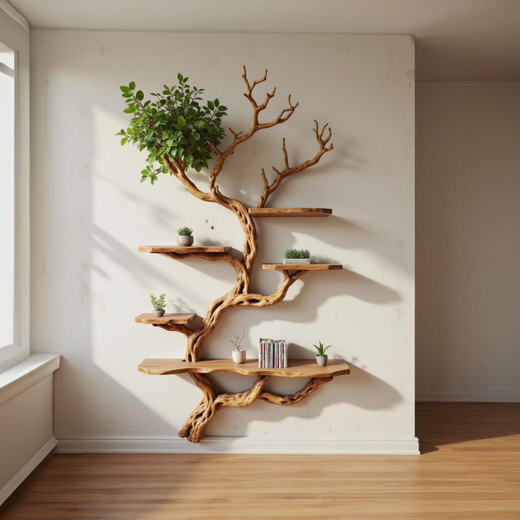 Driftwood floating bookshelf tree branch book shelf solid wood wall mounted shelves fake leaf bookcase decor