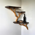Wood corner floating bookshelf tree branch driftwood wall mount shelving branch shelf art handmade furniture