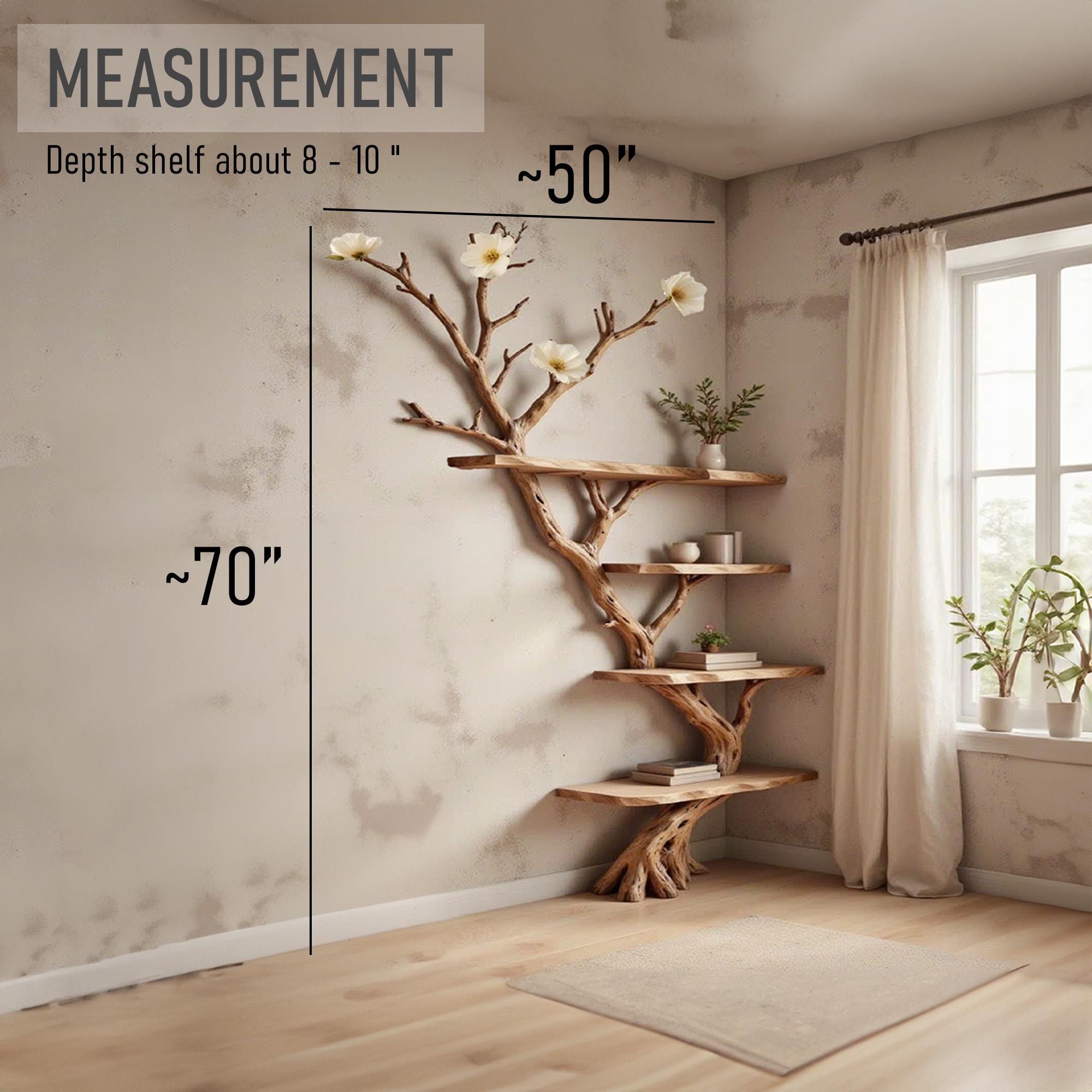 Floor bookshelf driftwood branch floating corner shelf wall mounted with fake flowers handmade furniture decor