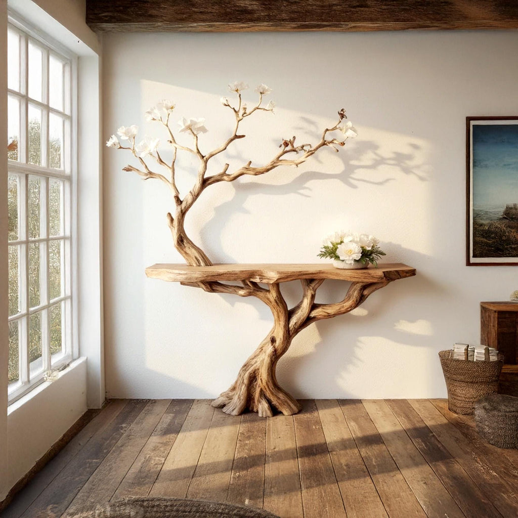 Wood console table natural tree branch driftwood entryway table branch floating bookshelf rustic handmade furniture