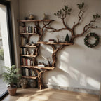 Corner dark tree bookshelf antique driftwood branch  solid wood bookcase floor standing wall mount shelf