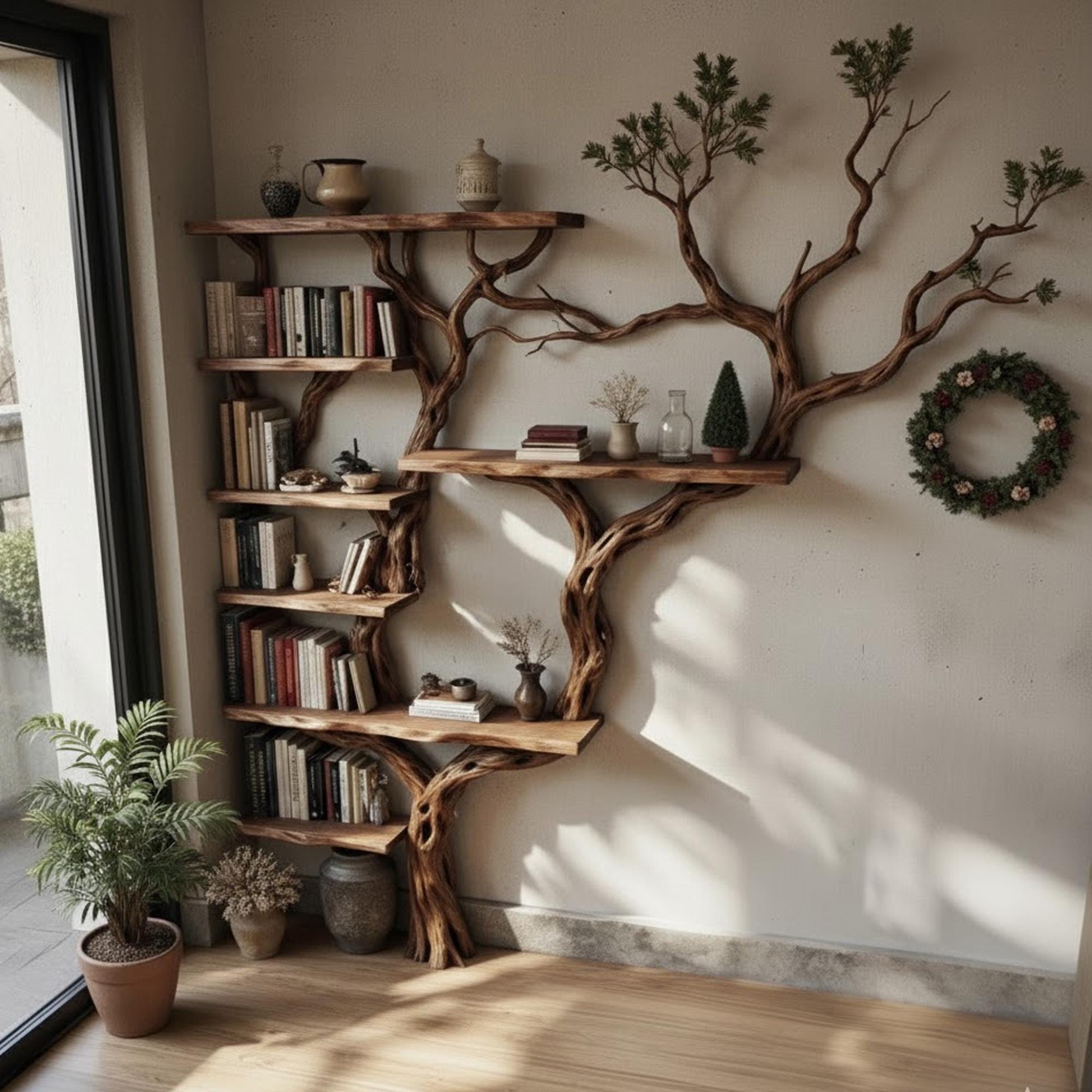 Corner dark tree bookshelf antique driftwood branch  solid wood bookcase floor standing wall mount shelf
