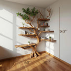 Corner tree floating bookshelf tree branch fake leaves bookcase wall mount live edge driftwood shelf
