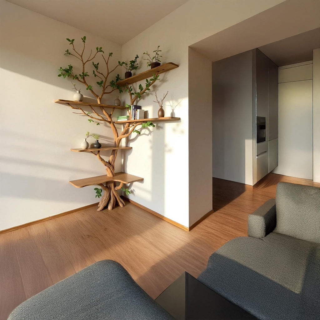 Driftwood branch corner bookshelf tree shelf solid wood bookcase home decor for living room