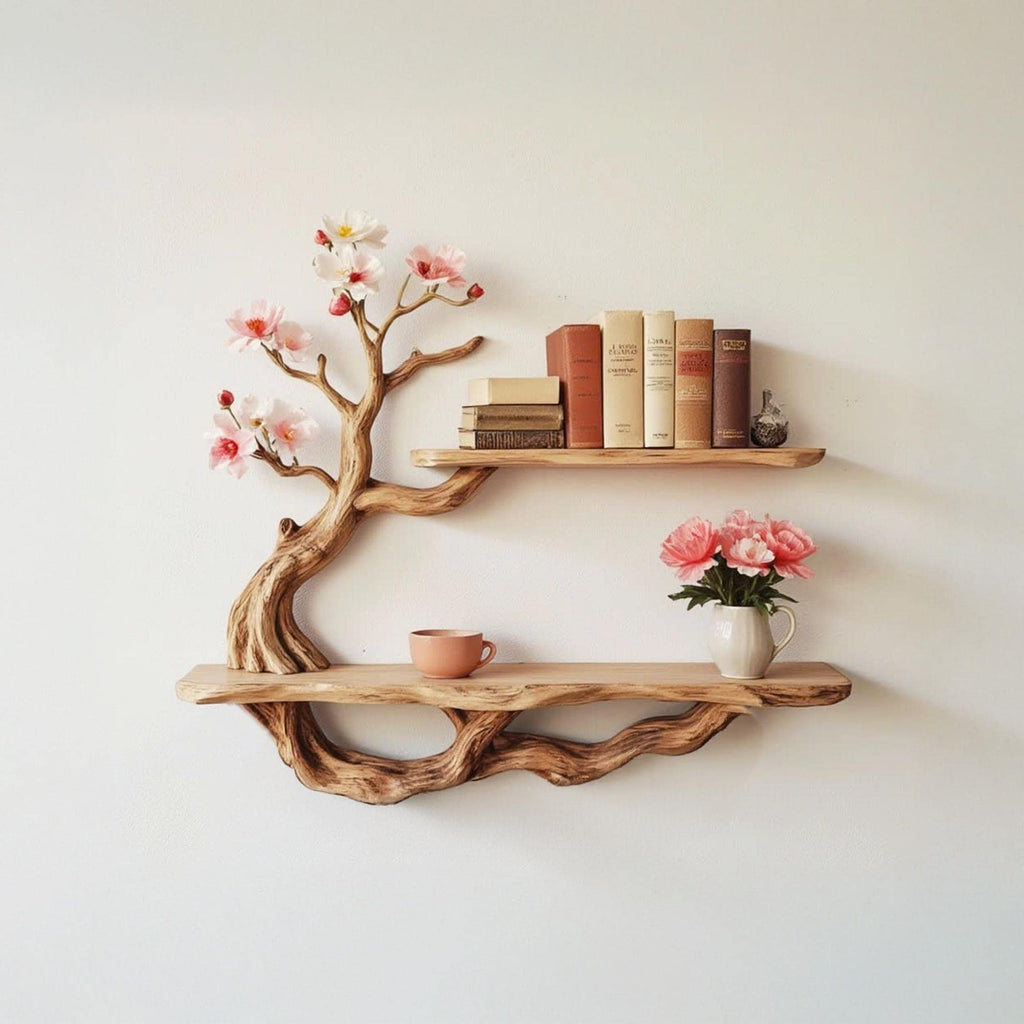 Handcrafted driftwood shelf natural tree bookshelf wall mount solid wood bookcase for living spaces decor