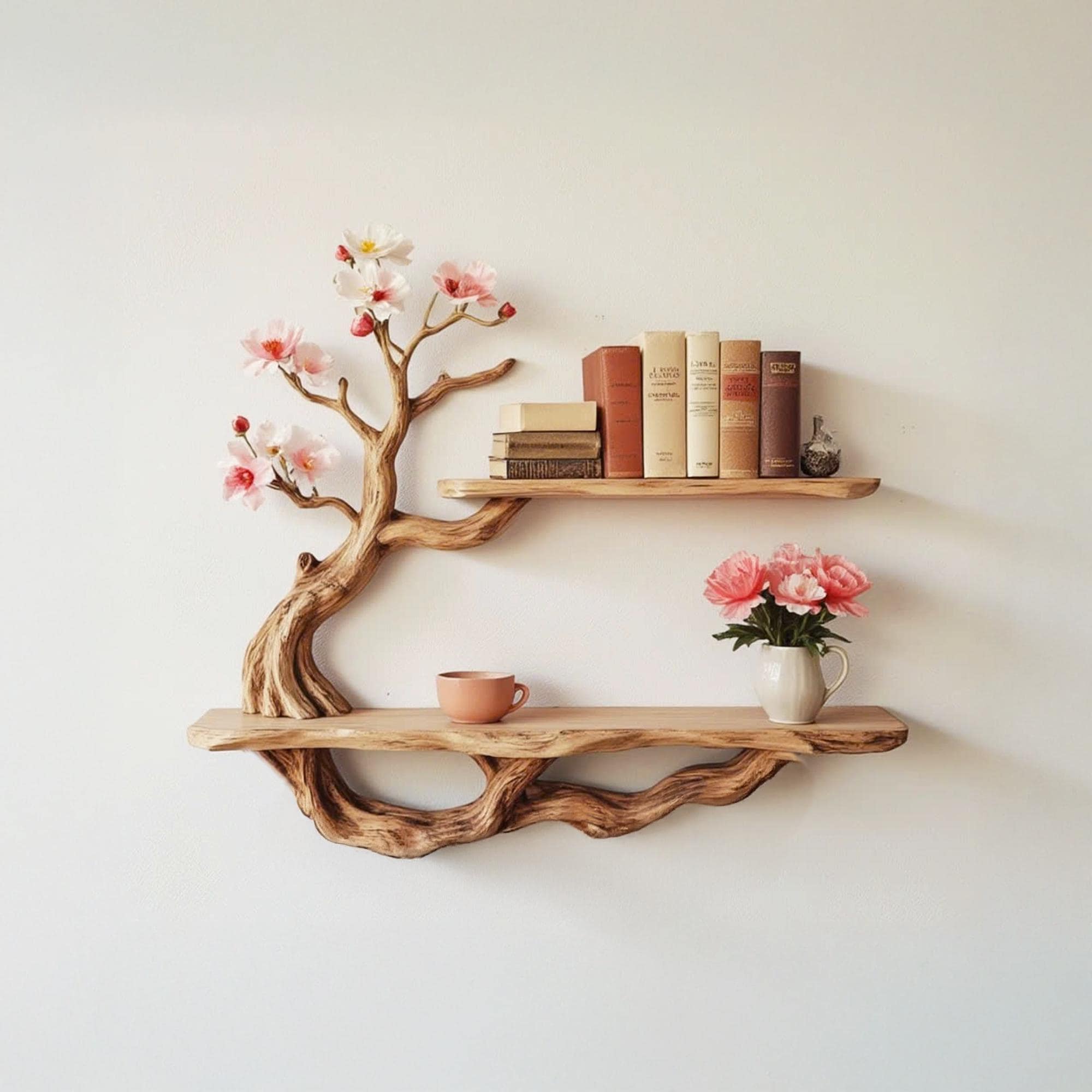 Handcrafted driftwood shelf natural tree bookshelf wall mount solid wood bookcase for living spaces decor