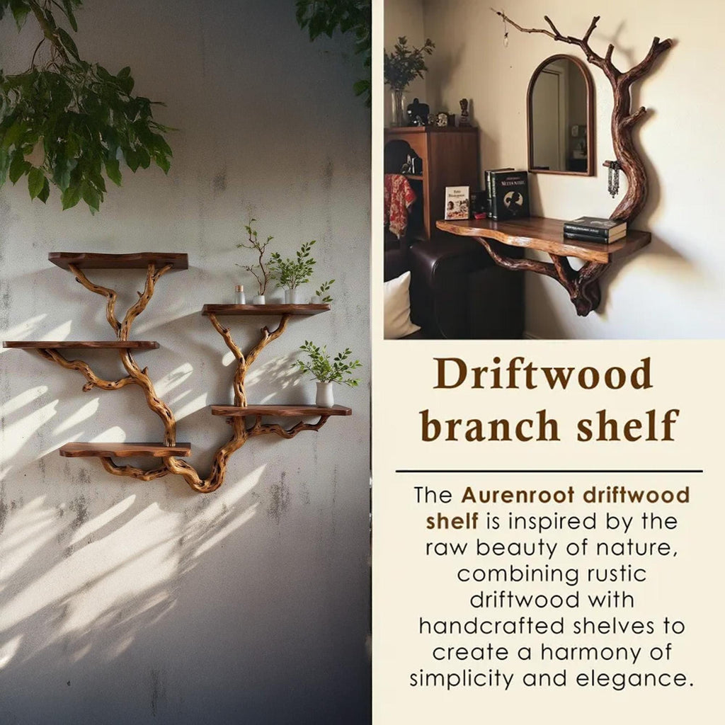 Driftwood floating tree bookshelf walnut color wall mount shelving bookcase solid wood live edge