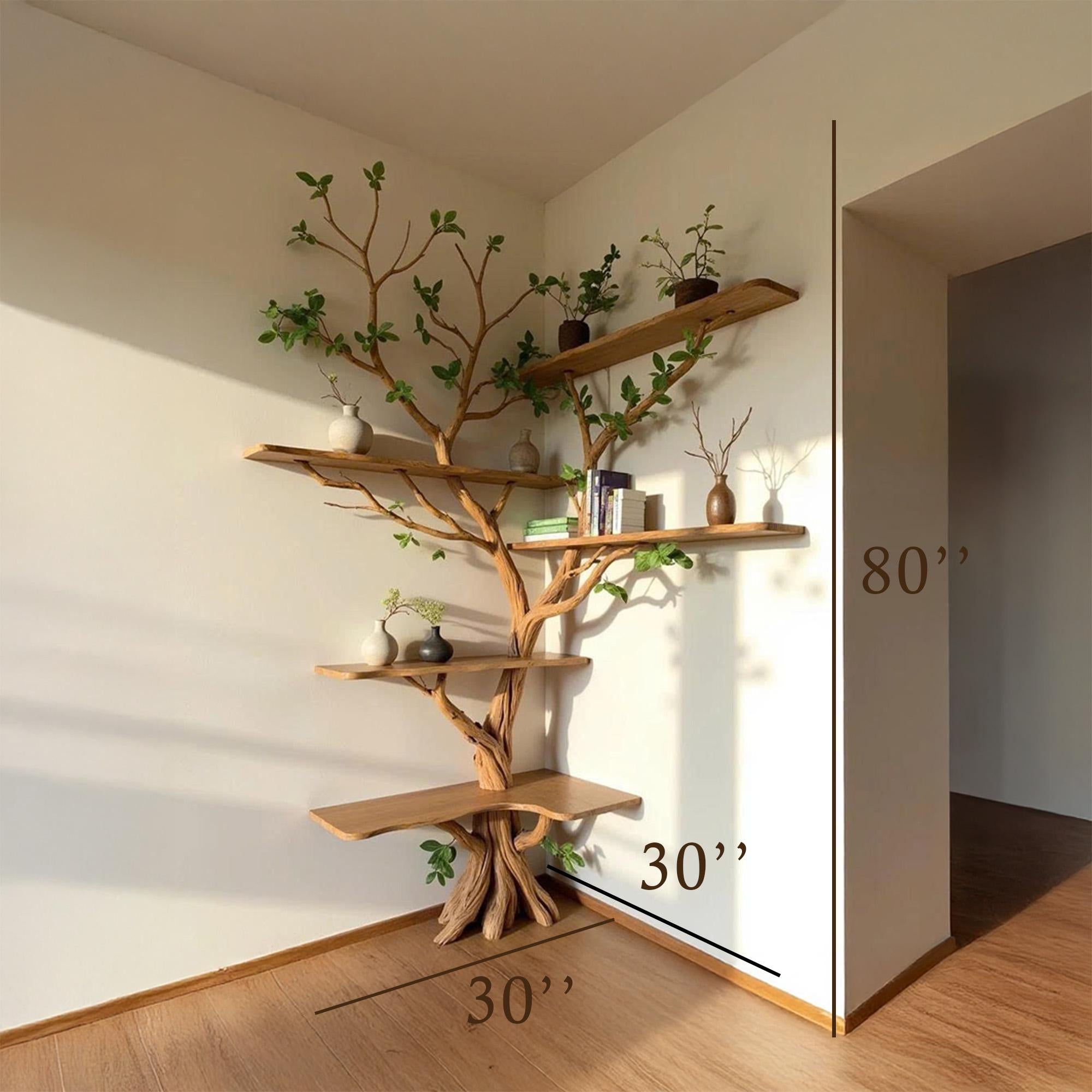 Driftwood branch corner bookshelf tree shelf solid wood bookcase home decor for living room