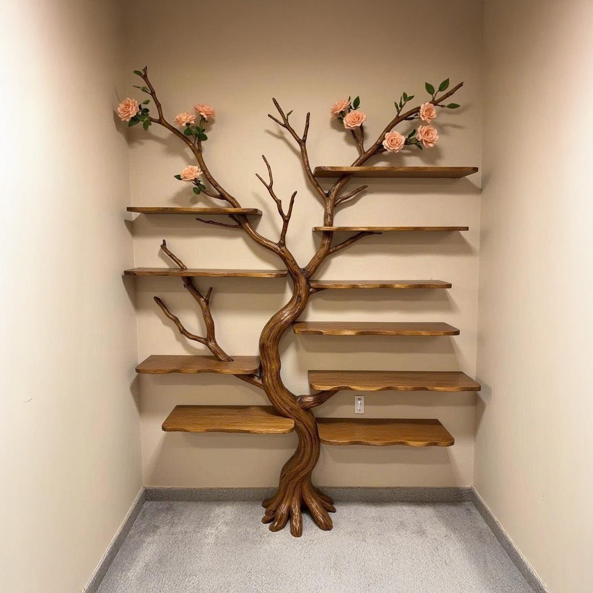 Tree bookshelf wall mount driftwood branch bookcase solid wood scupltured floating furniture