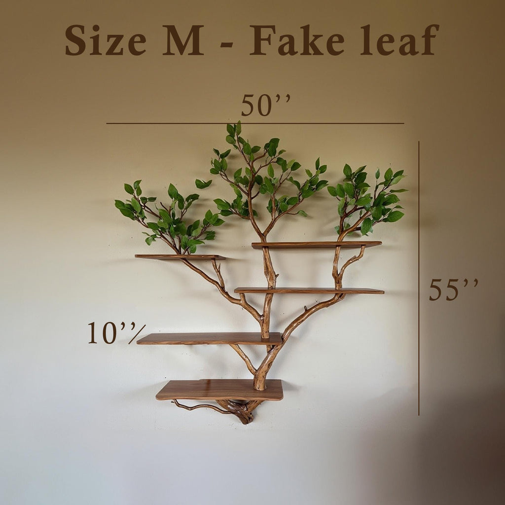Natural driftwood tree branch floating bookshelf wall mount solid wood bookcase with fake leaf decor for home