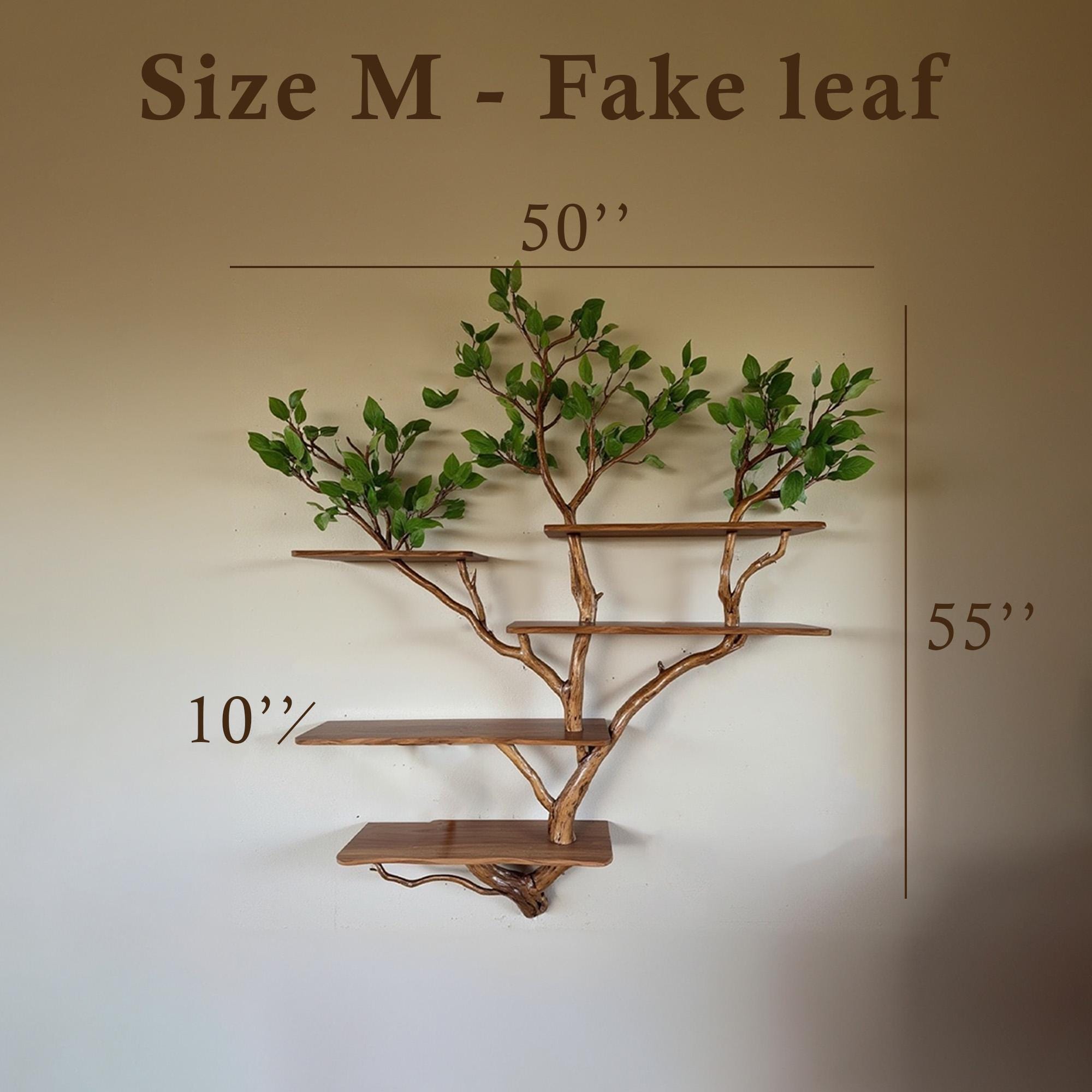 Natural driftwood tree branch floating bookshelf wall mount solid wood bookcase with fake leaf decor for home