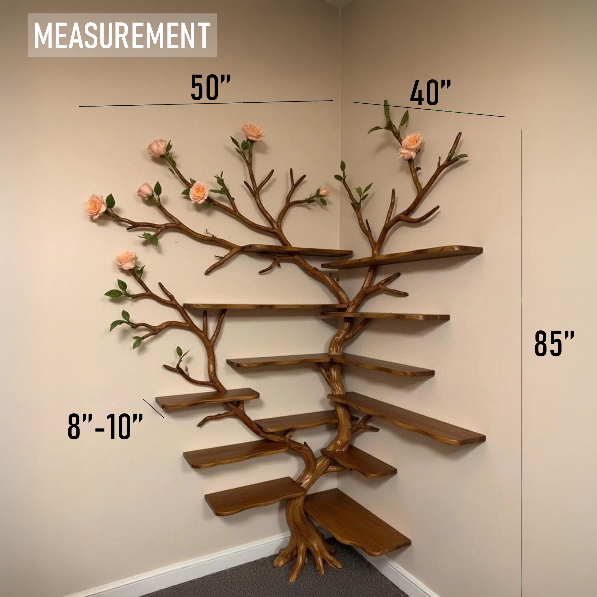 Corner driftwood tree bookshelf wall mount solid wood scupltured bookcase wood furniture decoration