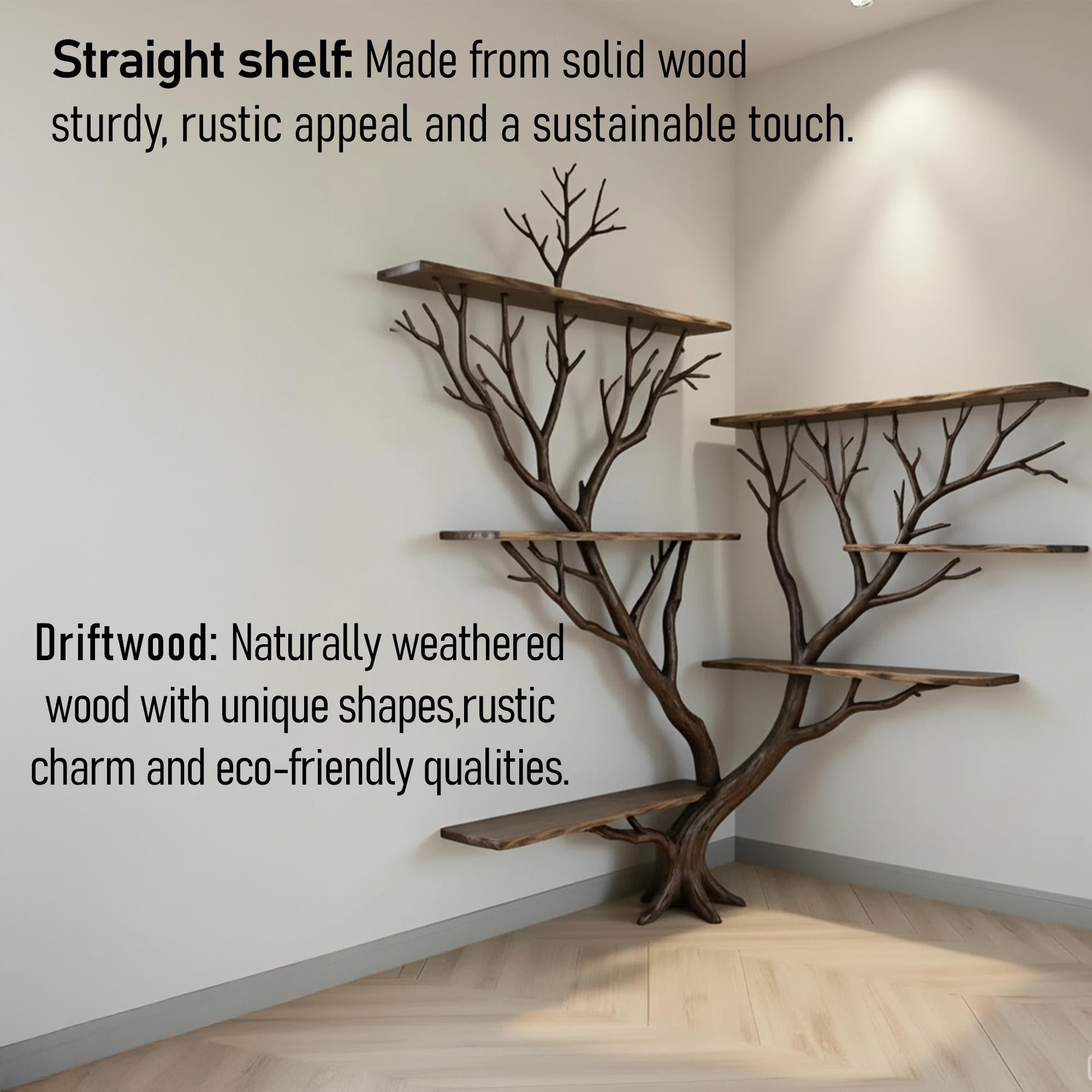 Tree branch corner floating bookshelf solid wood bookcase wall mount driftwood art decor