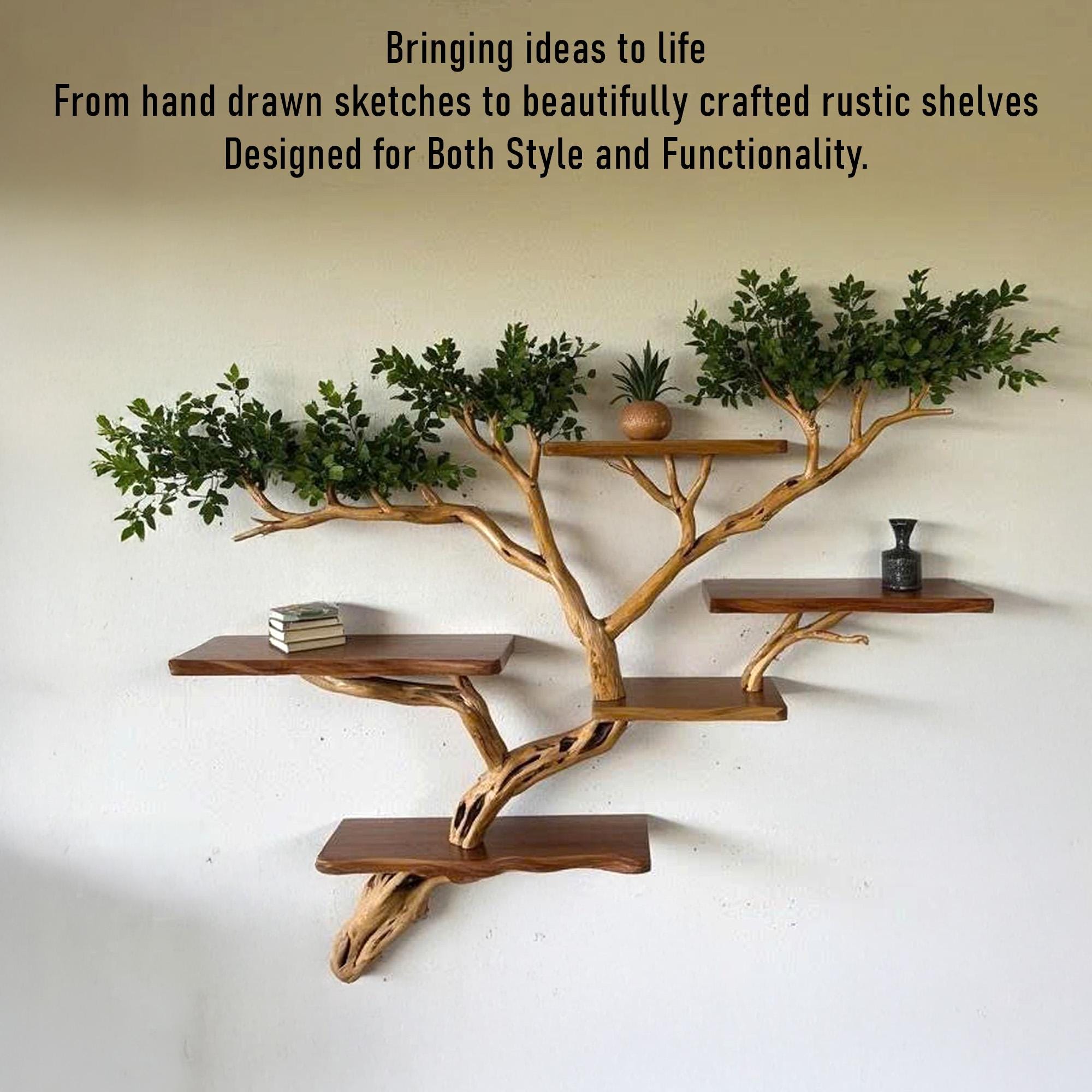 Tree branch bookshelf floating live edge shelf fake leaf wall mount tree shelf handcraft solid wood furniture