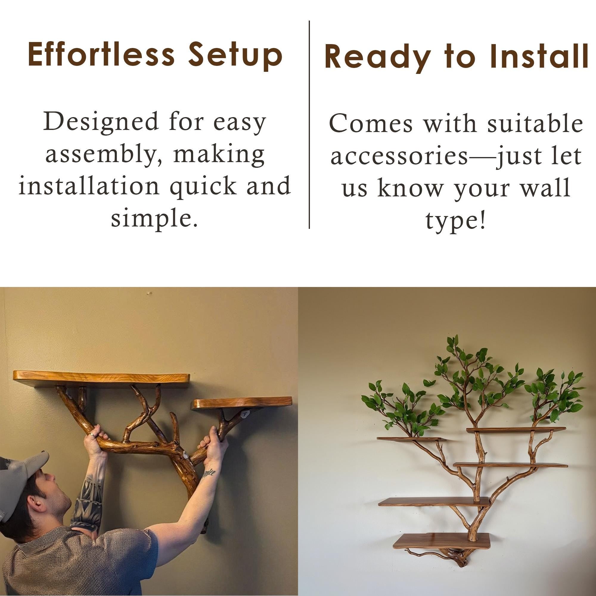 Natural driftwood tree branch floating bookshelf wall mount solid wood bookcase with fake leaf decor for home