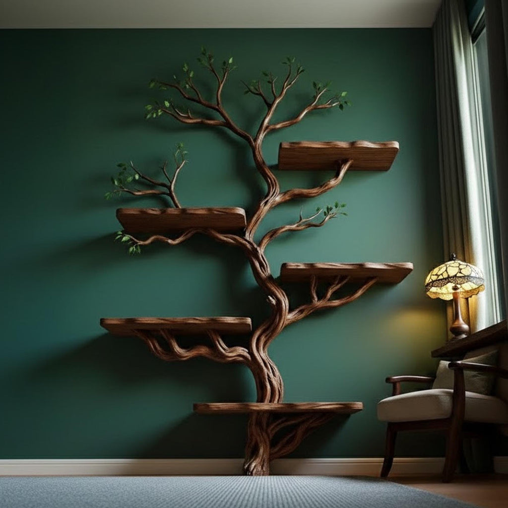 Driftwood branch tree floating shelf bookshelf solid wood bookcase home decor for living room