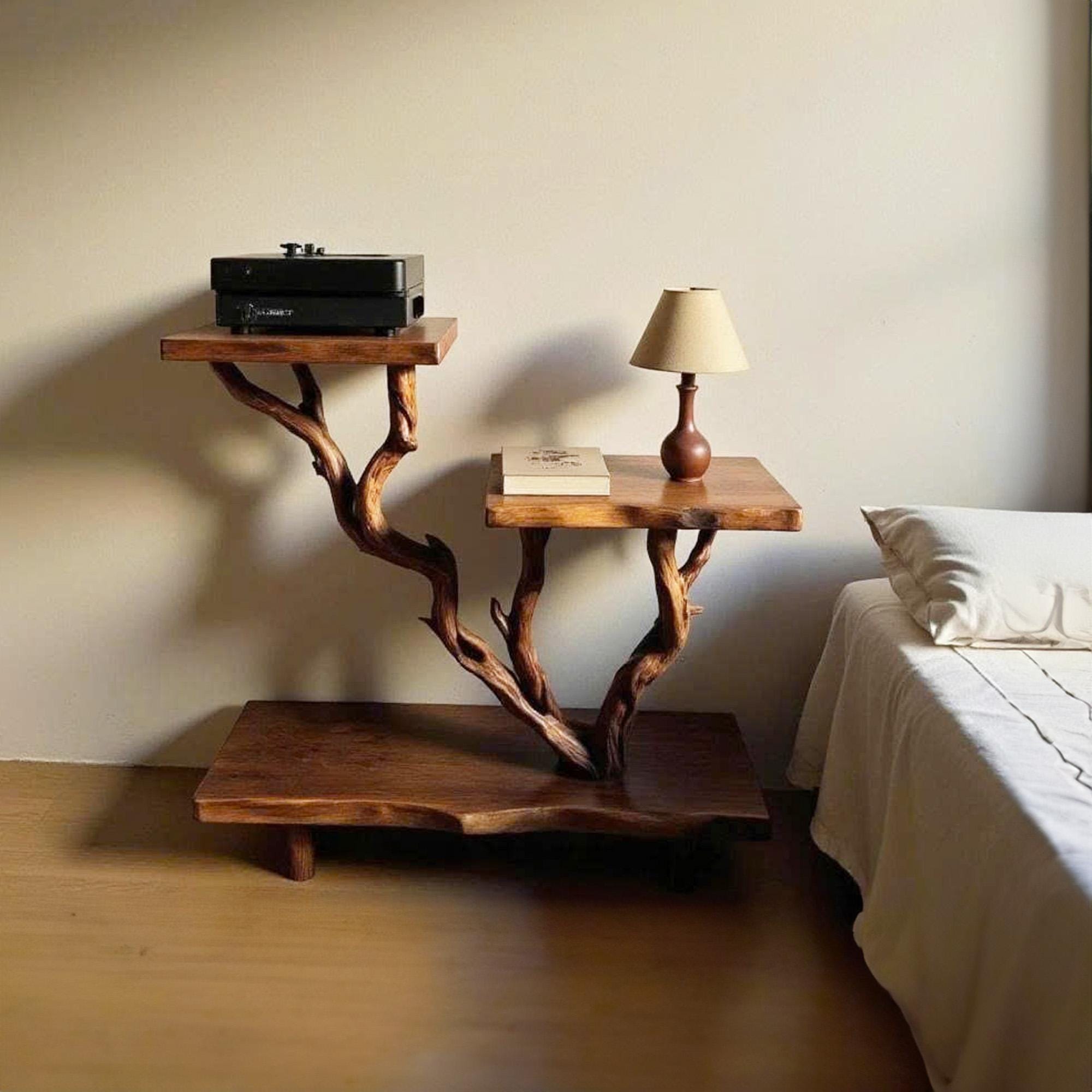 Rustic night stand solid wood bookcase shelves on wall handmade side table decor for bedding room