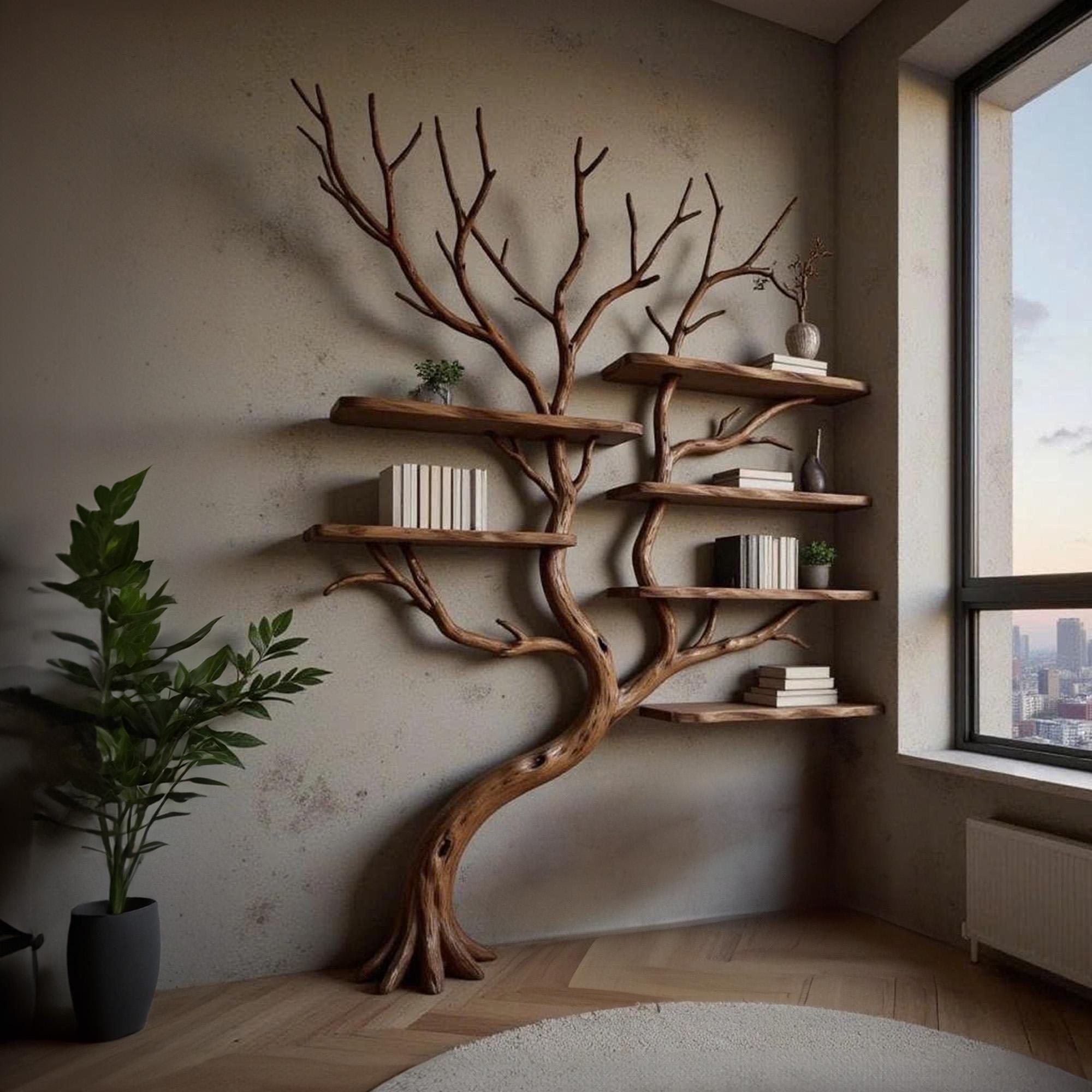 Corner driftwood tree branch solid wood bookshelf wall mount floating live edge furniture decoration