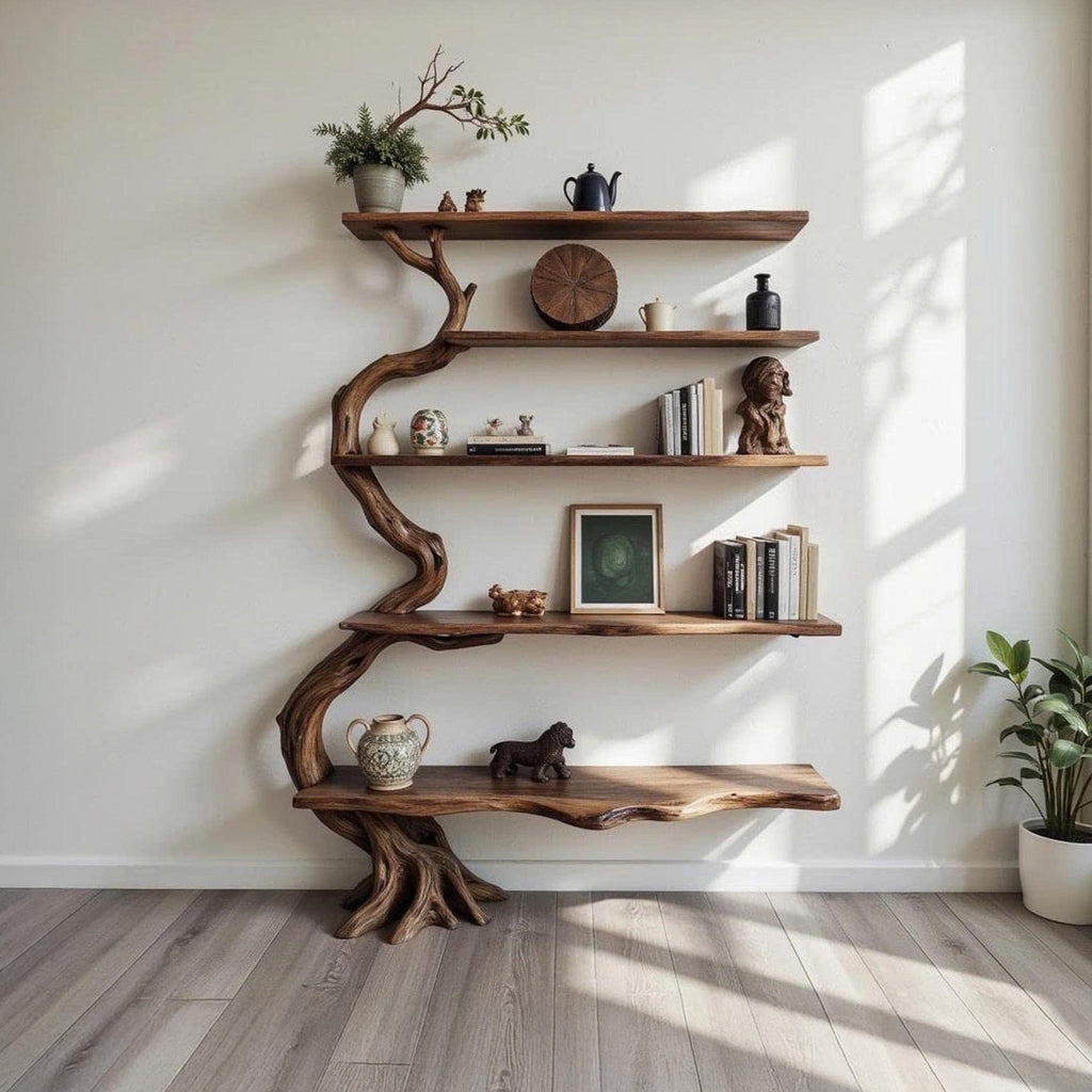 Tree branch bookshelf wall mount reclaimed wood bookcase driftwood sculpture art floating shelves decor