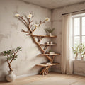 Floor bookshelf driftwood branch floating corner shelf wall mounted with fake flowers handmade furniture decor