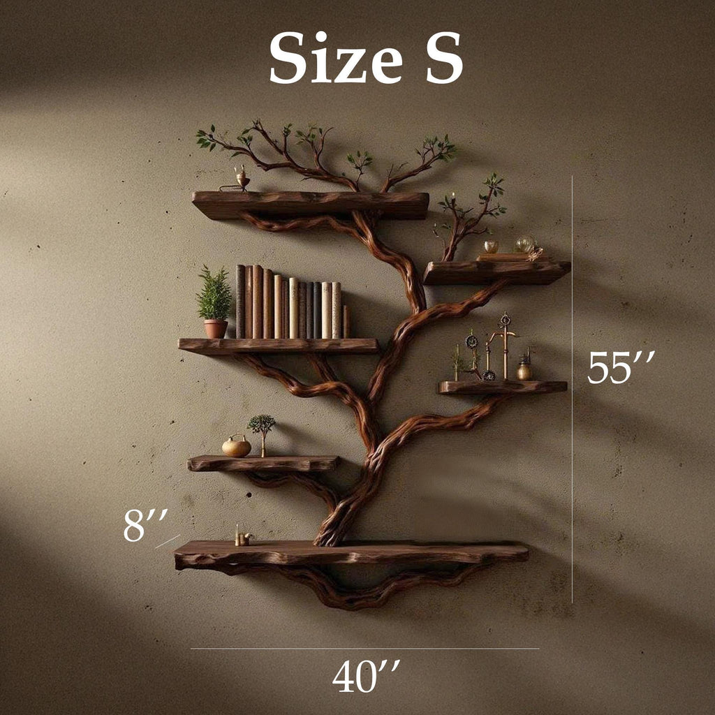 Natural driftwood tree bookshelf branch shape floating bookcase wall mount sculpture furniture